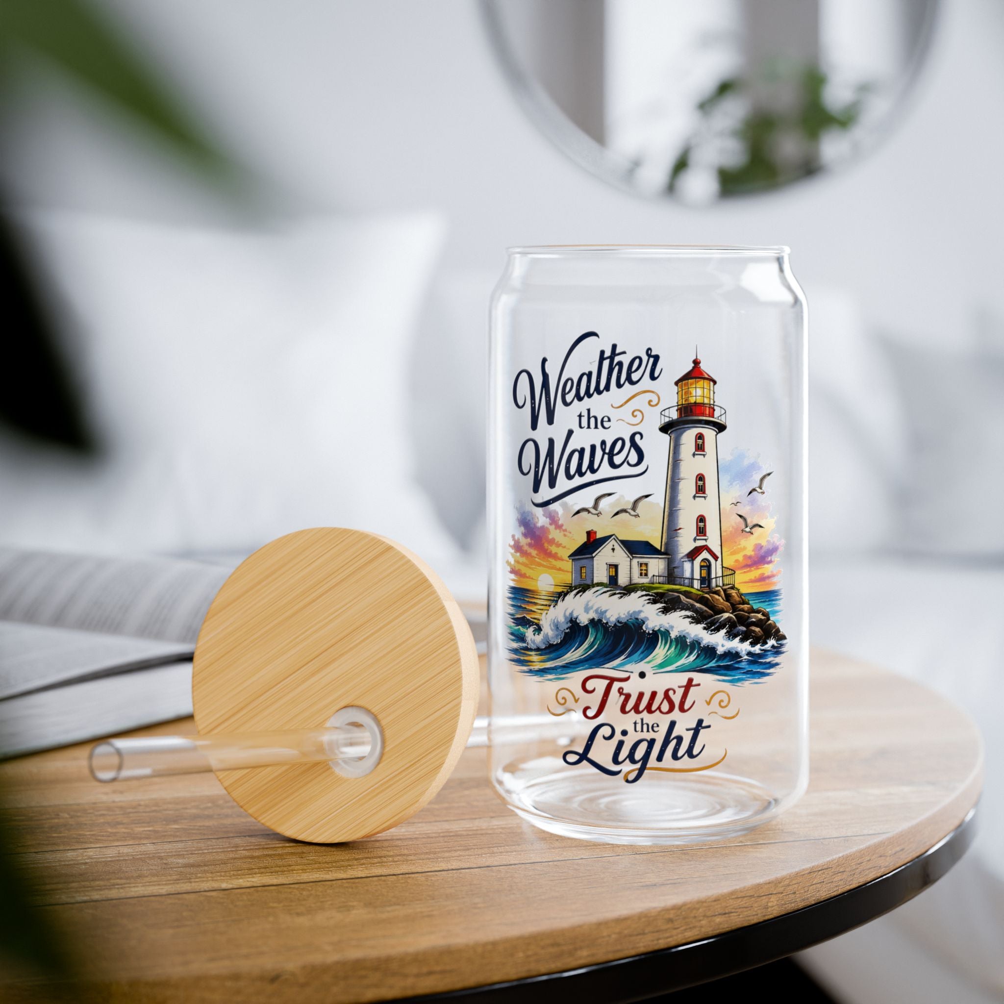 Lighthouse Sipper Glass 16oz – "Weather the Waves" Inspirational Travel Tumbler