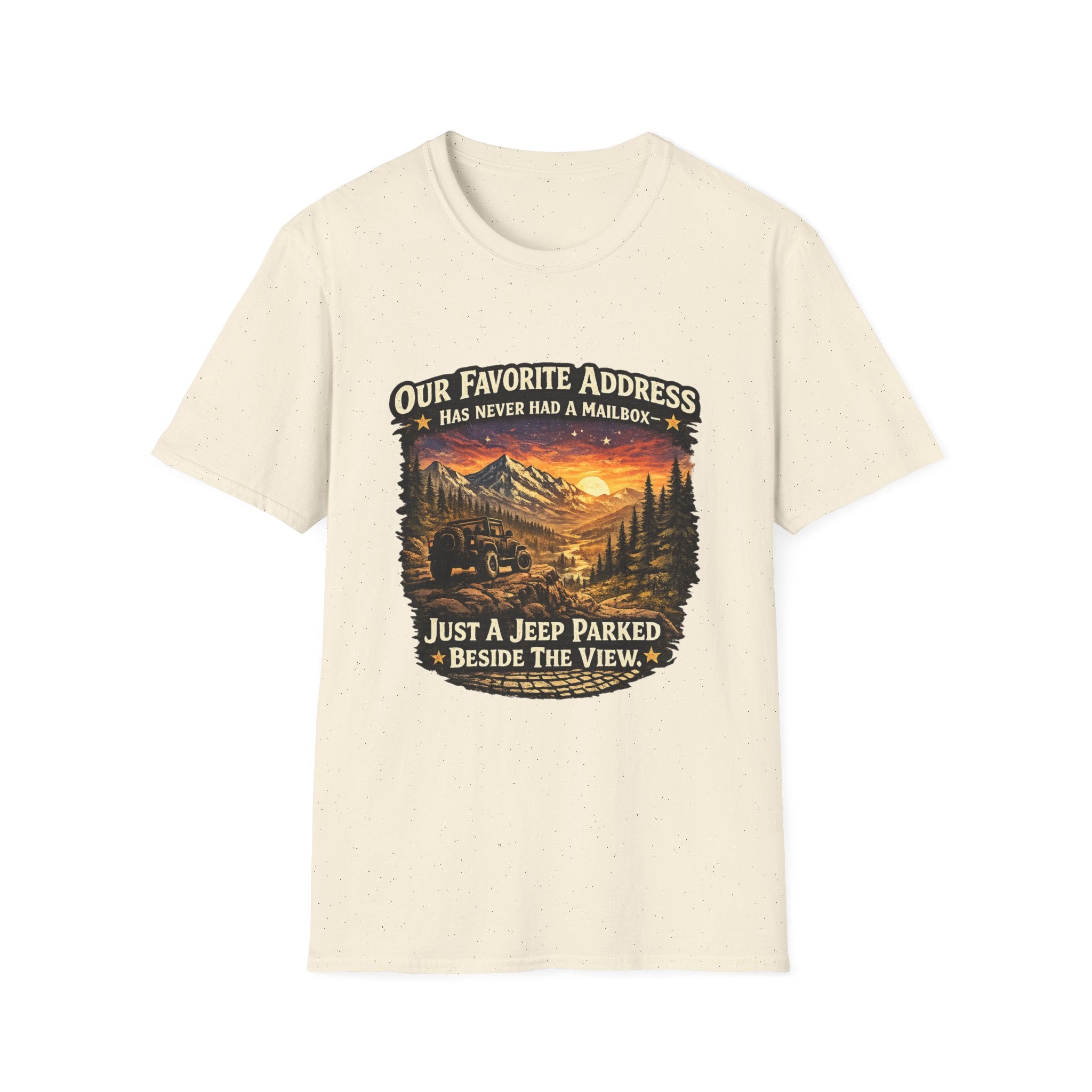 "Our Favorite Address Has Never Had a Mailbox" Scenic Mountain Camping Tee — T-Shirt