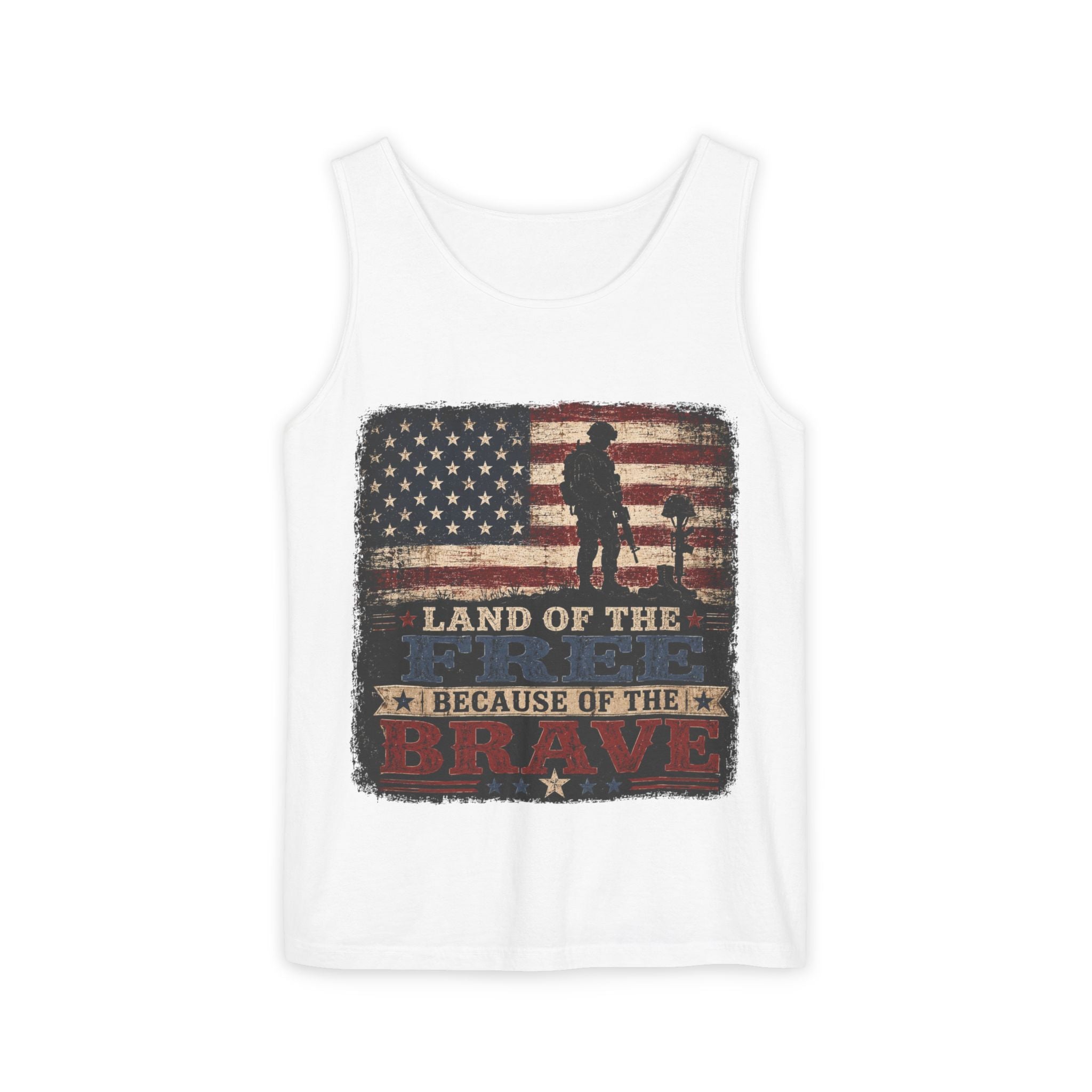 Patriotic Tank Top — "Land of the Free Because of the Brave" Military Tribute
