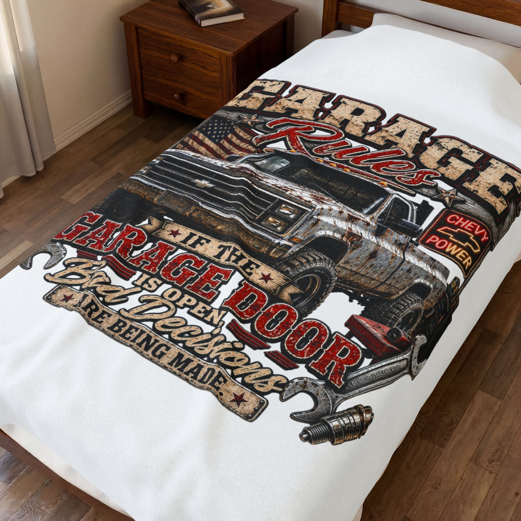 Garage Rules Velveteen Plush Blanket — “If the Garage Door Is Open Bad Decisions Are Being Made” Vintage Truck Design