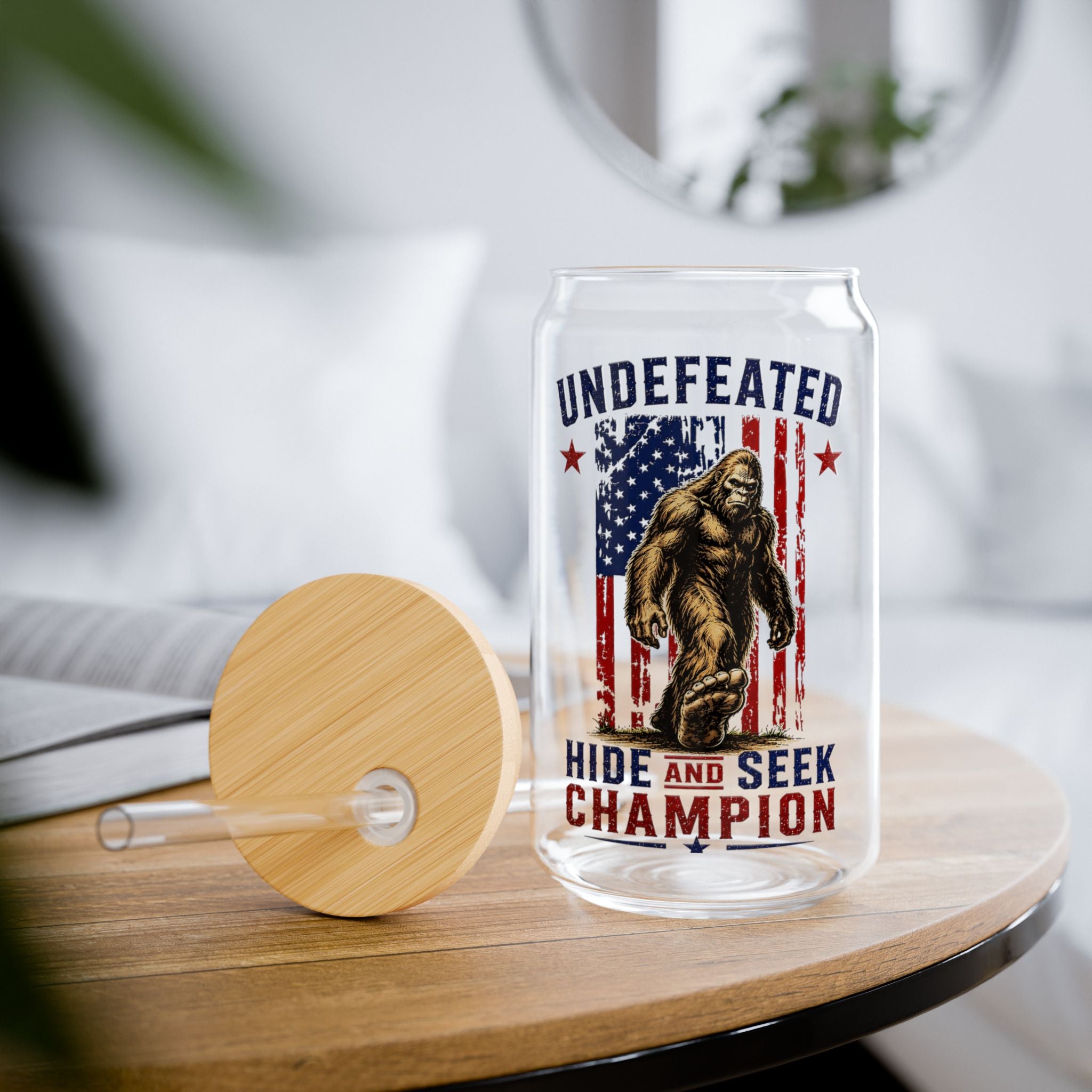 Undefeated Hide and Seek Champion 4th of July Bigfoot Glass Straw Cup, 16oz