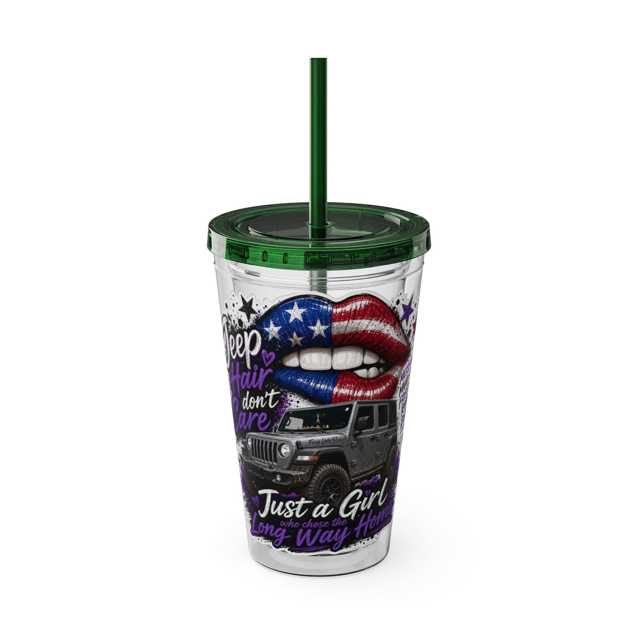 "Jeep Hair Don't Care" Patriotic Lips Design — 16oz Sunsplash Tumbler with Straw
