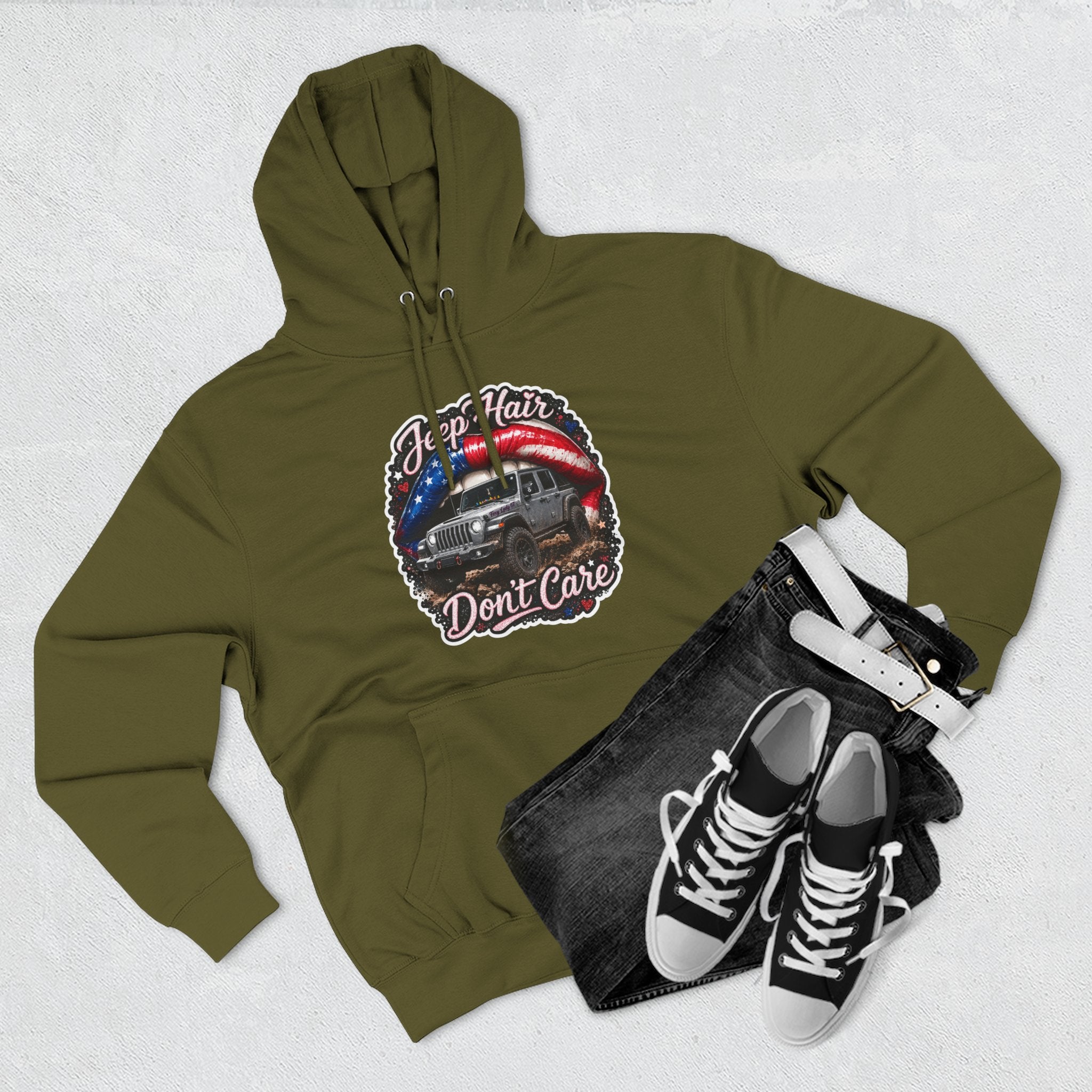 "Jeep Hair Don't Care" Graphic Fleece Pullover - Patriotic Jeep Hoodie