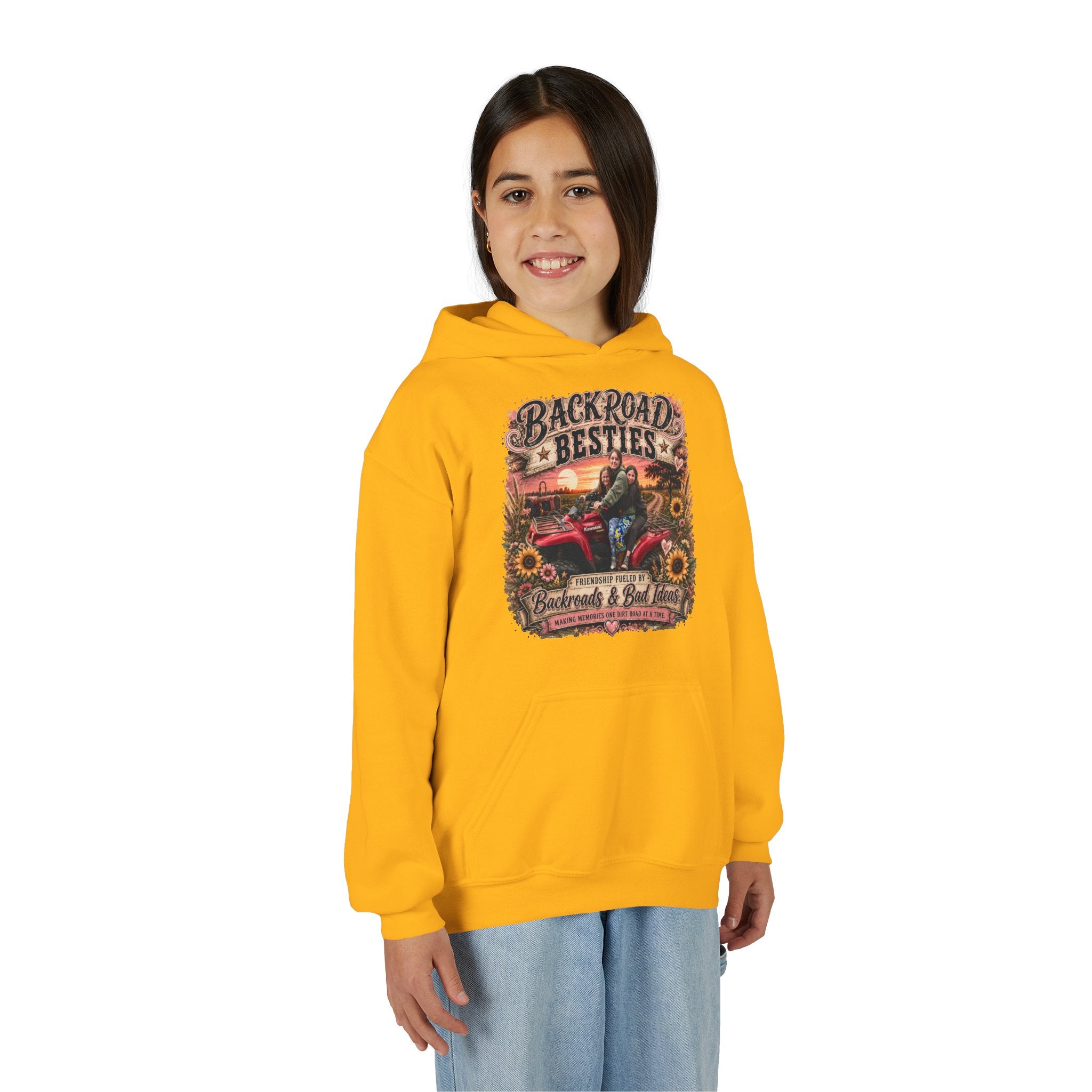 "Backroad Besties" Vintage Truck & Sunflower — Graphic Youth Hoodie