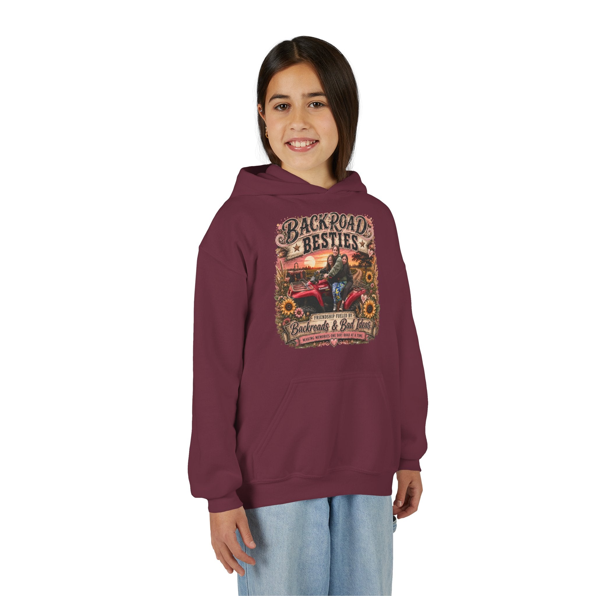 "Backroad Besties" Vintage Truck & Sunflower — Graphic Youth Hoodie