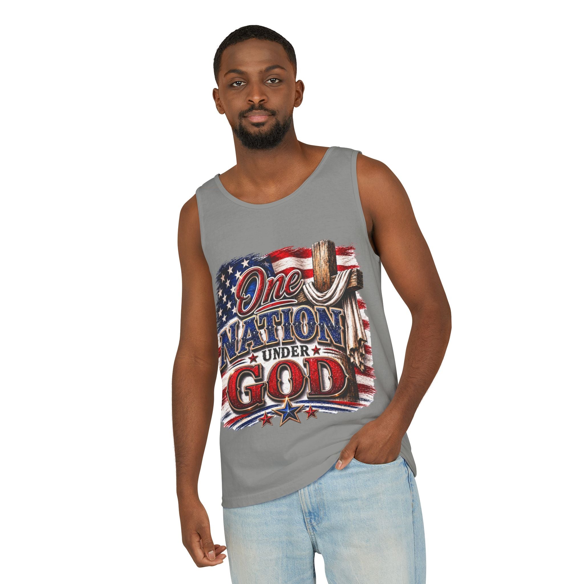 One Nation Under God Tank Top — Patriotic American Flag & Cross Sleeveless Shirt