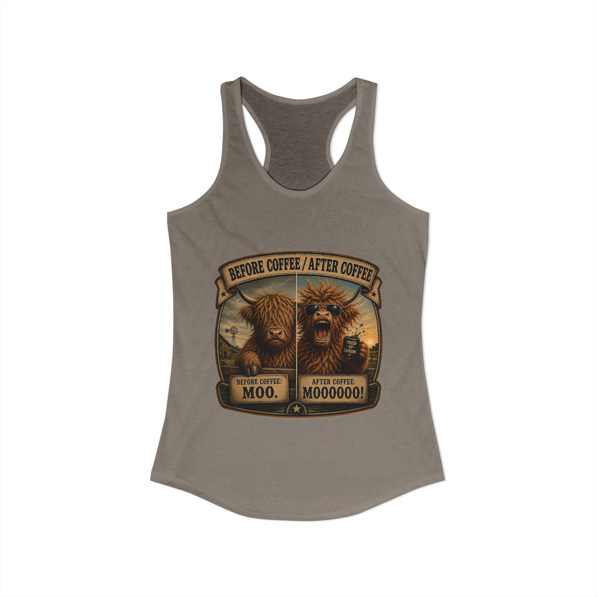 Before Coffee/After Coffee Highland Cow Women's Ideal Racerback Tank