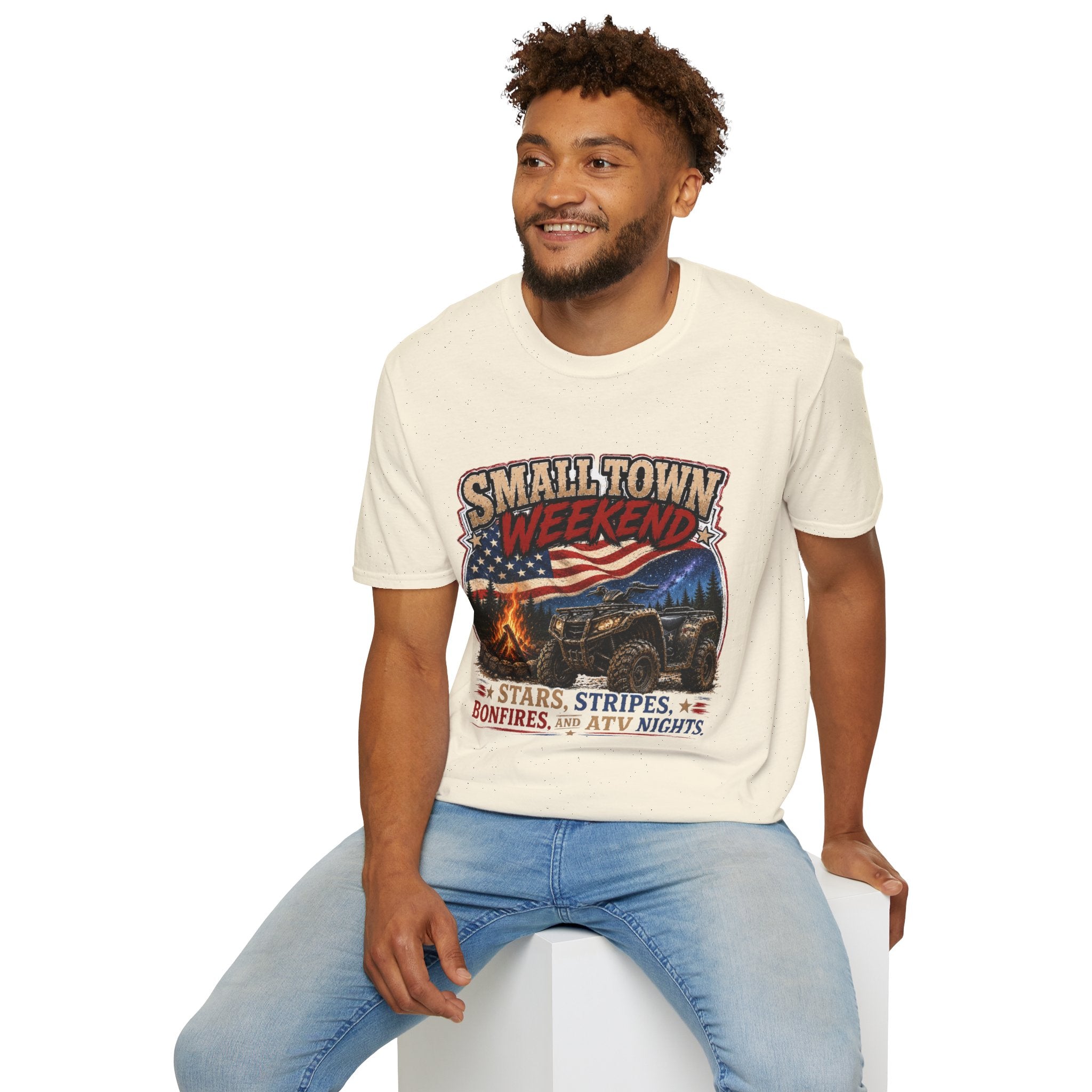 Small Town Weekend T-Shirt — Americana Flag, Bonfire & ATV Retro Graphic