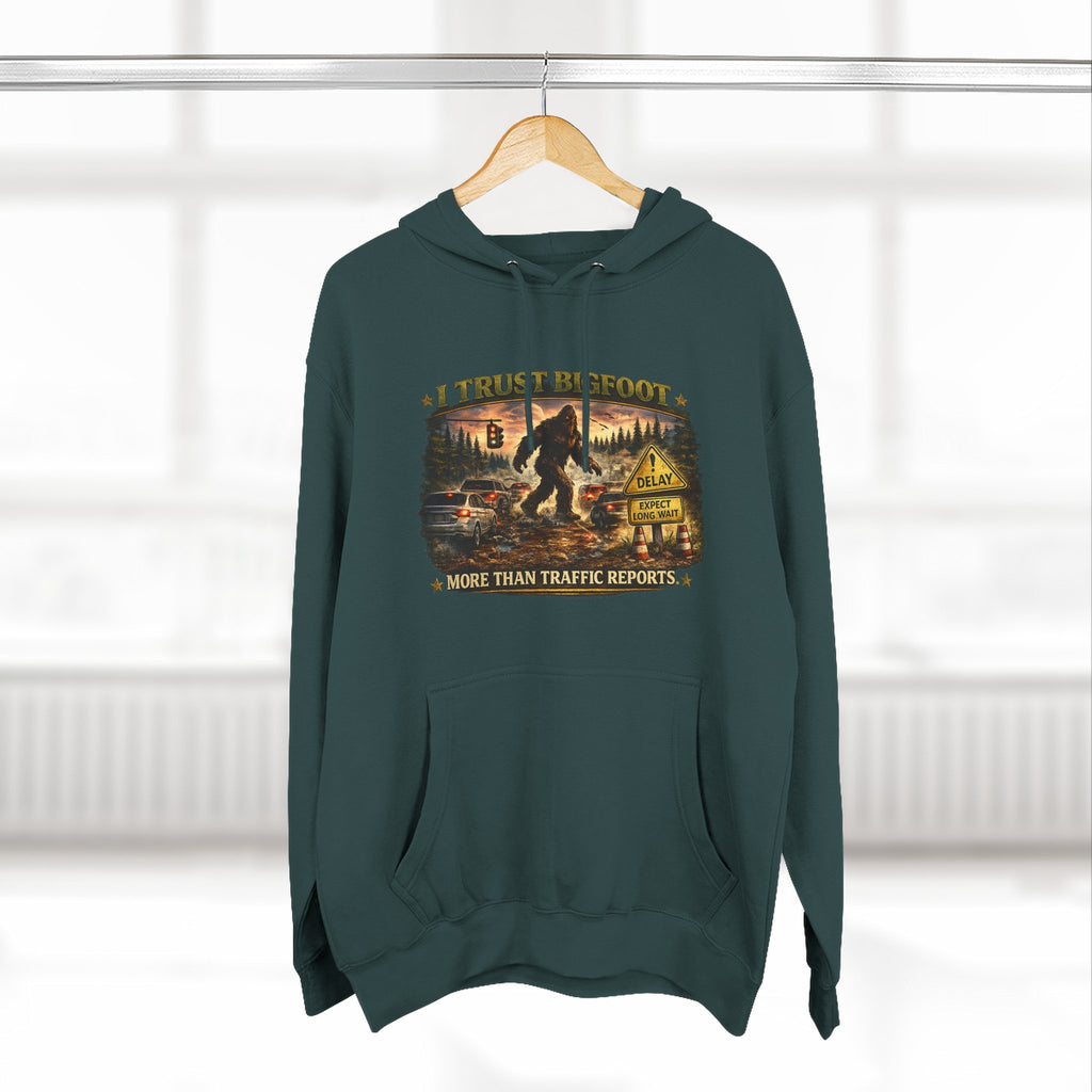 Bigfoot Forest Hoodie - "More Than Traffic Reports" Retro Sasquatch Graphic Hoodie