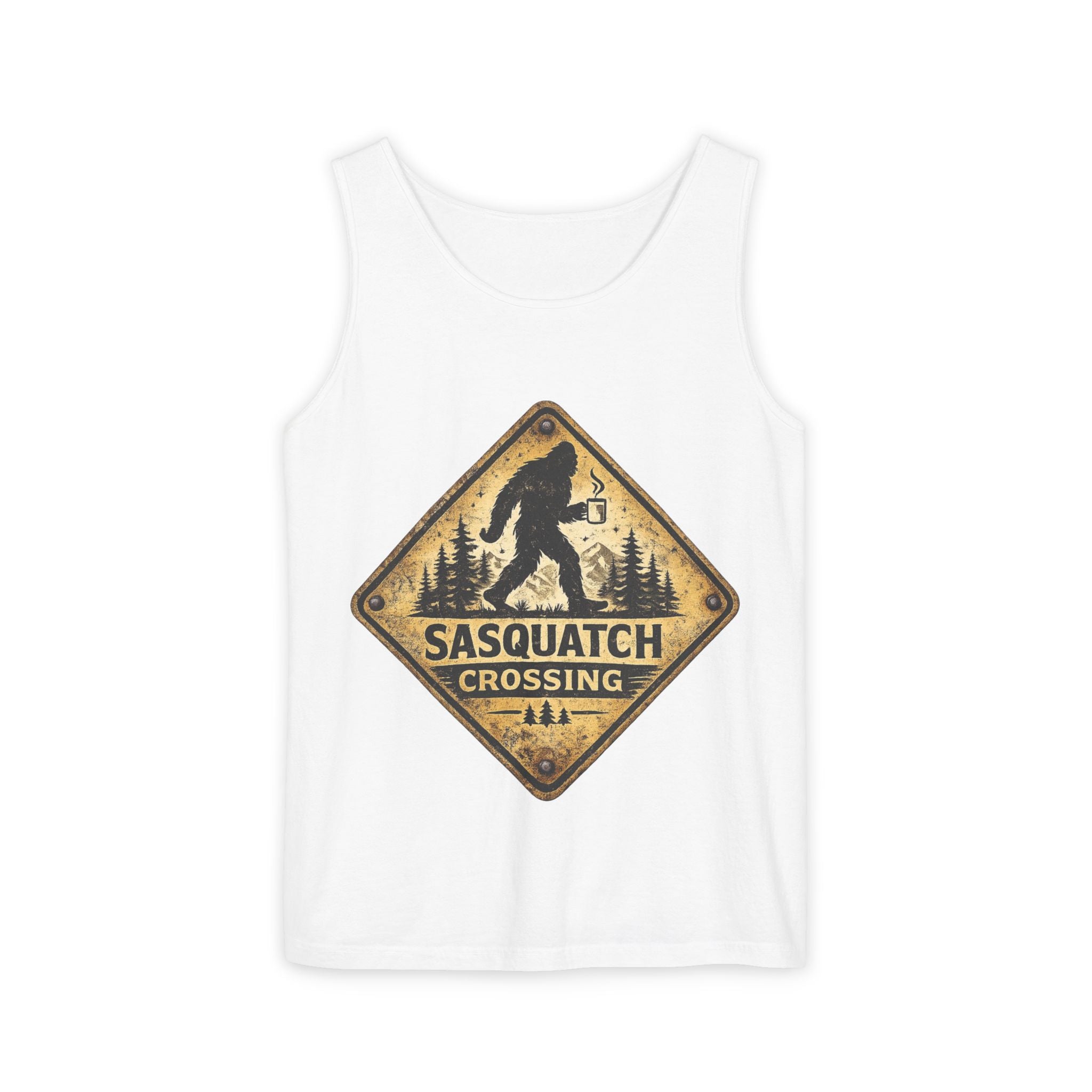 Sasquatch Crossing Tank Top — Vintage Bigfoot Forest Sign Sleeveless Tank