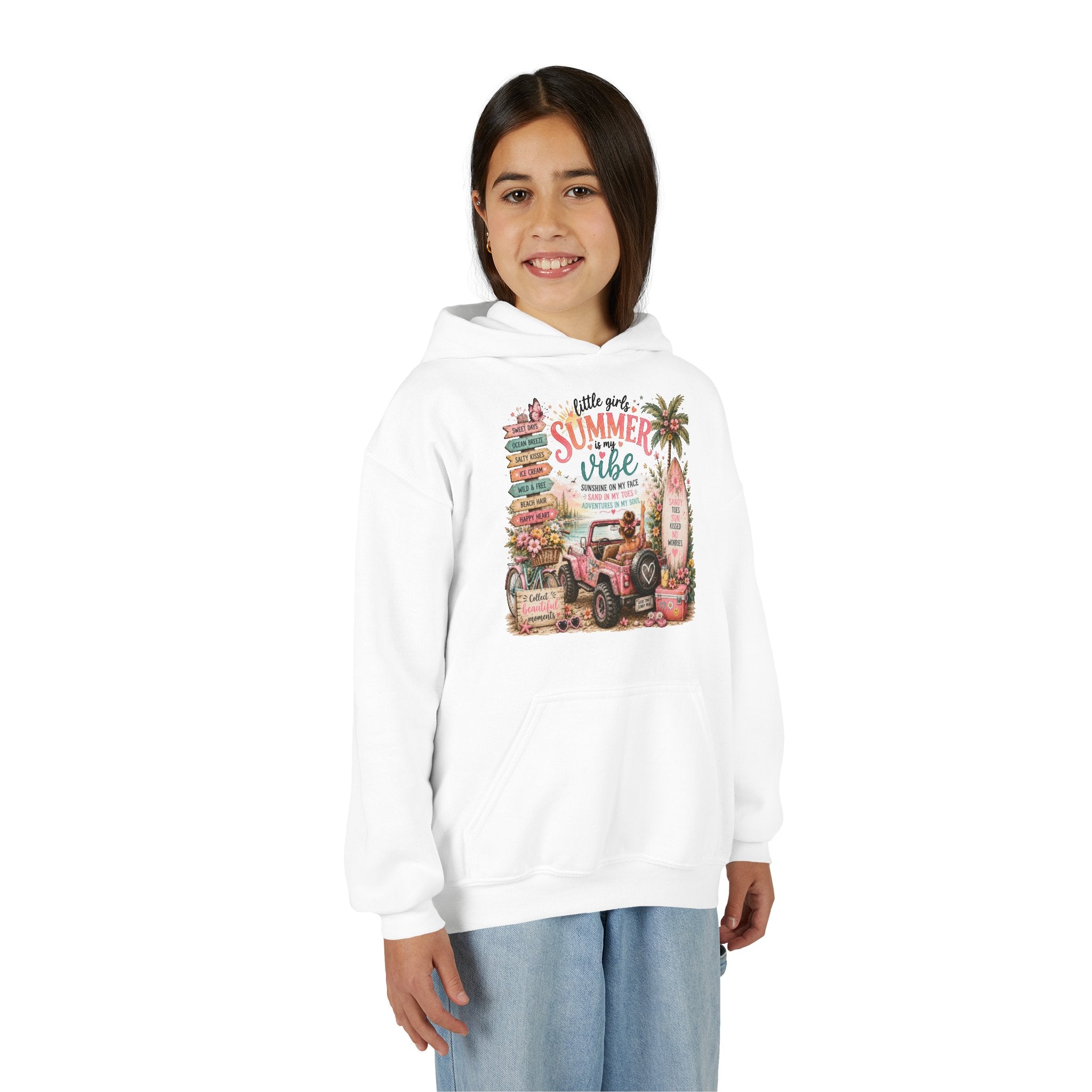 "Hello Good Ol' Summer Vibe" Beach Jeep Design – Youth Summer Vibes Hoodie