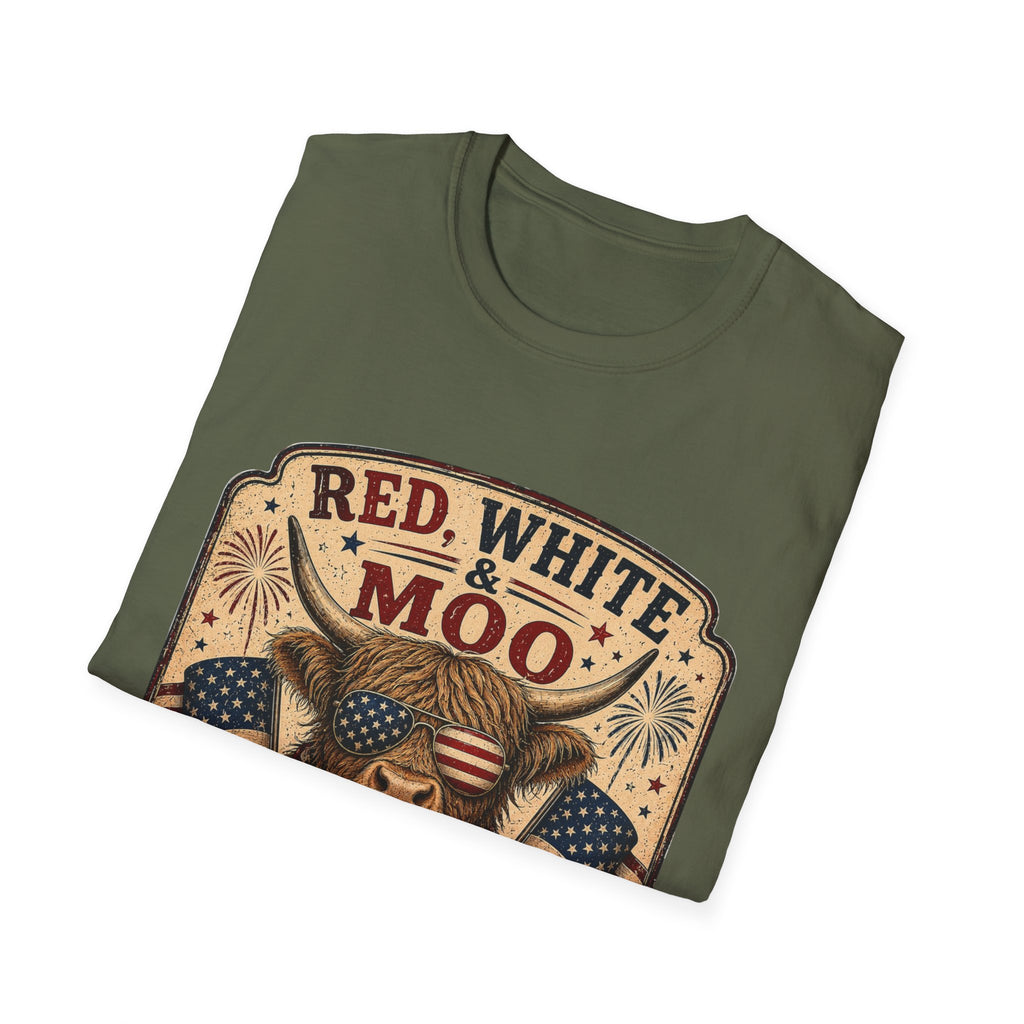 Red, White, & Moo Highland Cow Unisex Softstyle T-Shirt