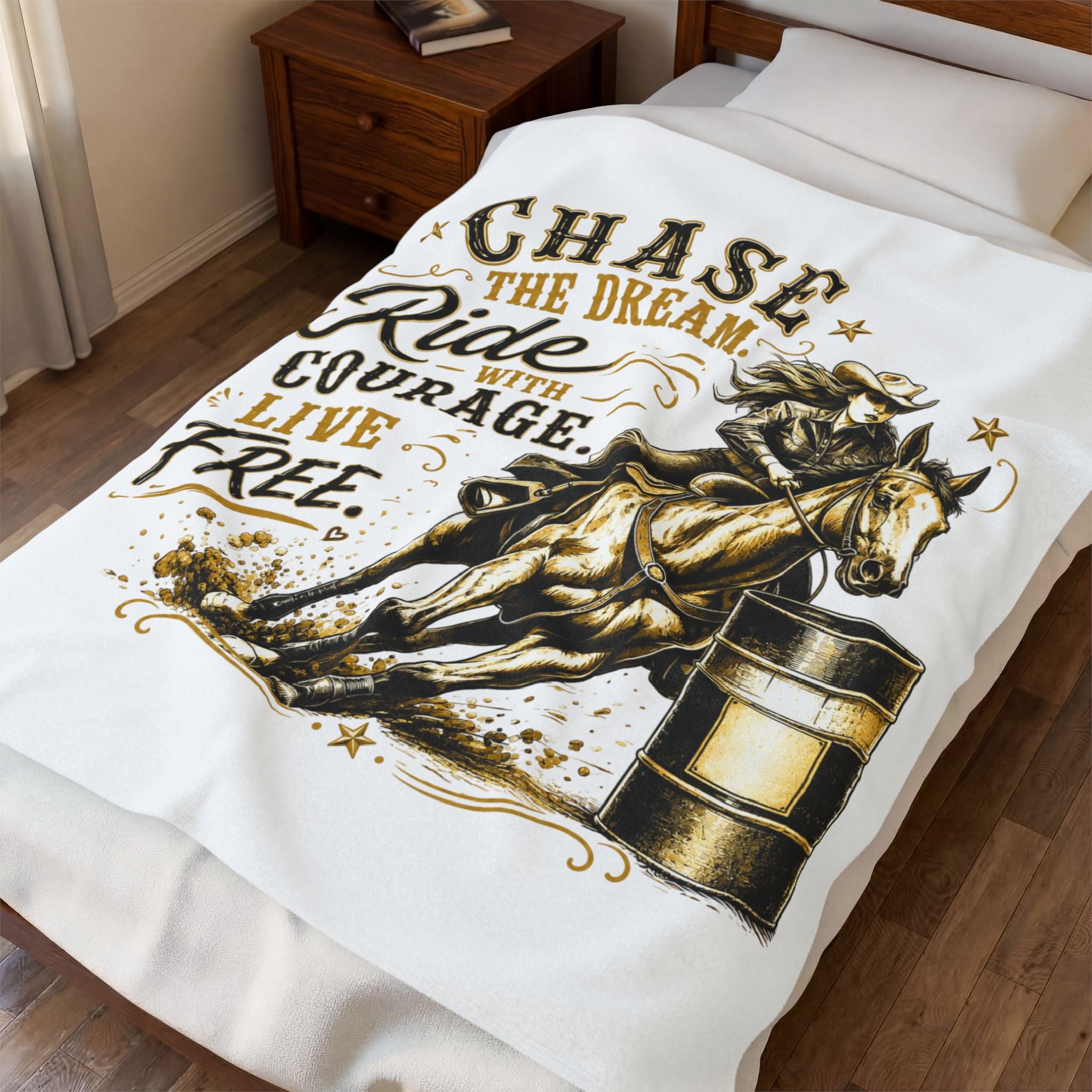 "Chase the Dream. Ride with Courage. Live Free." — (Gold) Barrel Racing Velveteen Plush Blanket