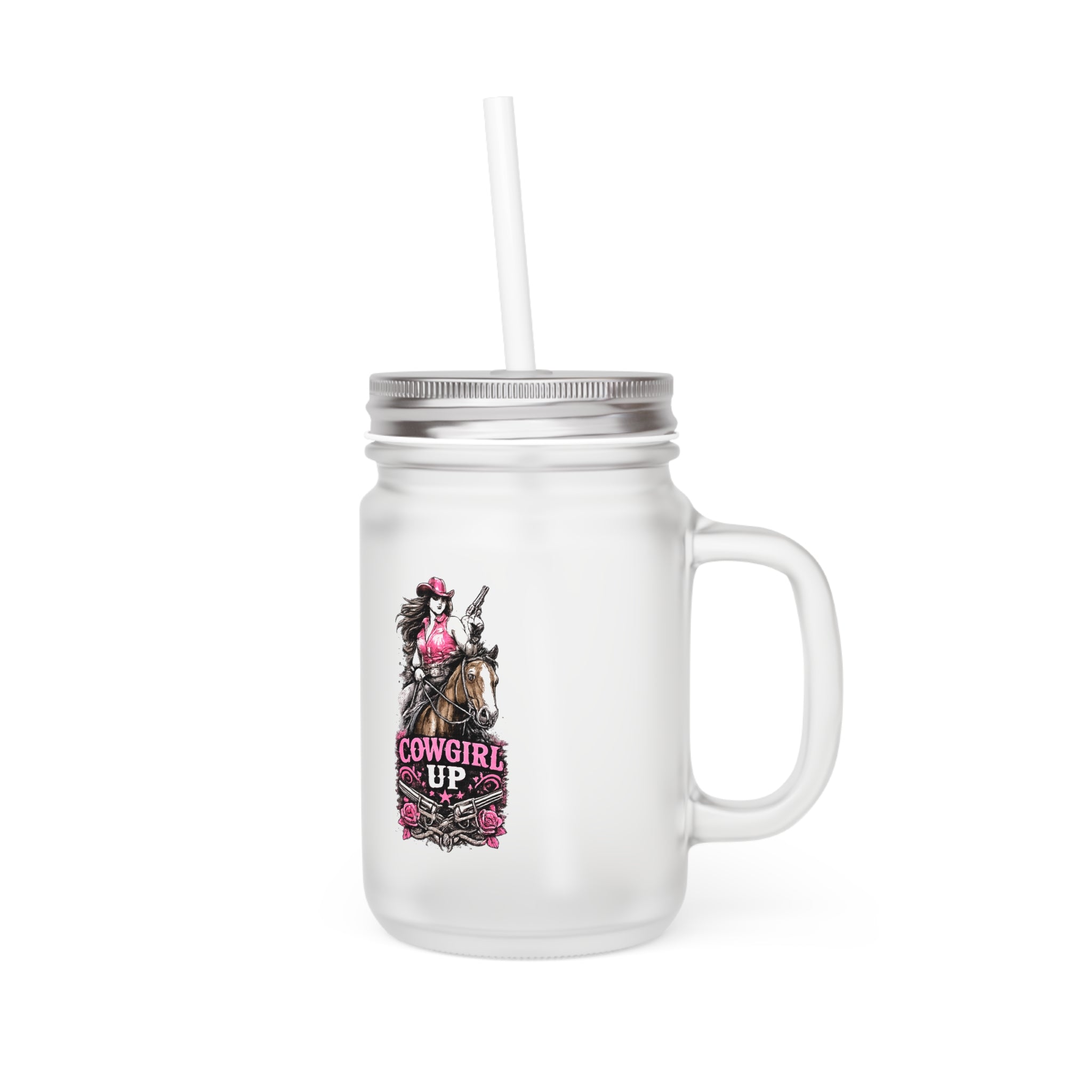 Mason Jar Tumbler — 'Chase the Dream, Ride with Courage' Racing Glass Jar with Handle & Straw (Pink Accent)