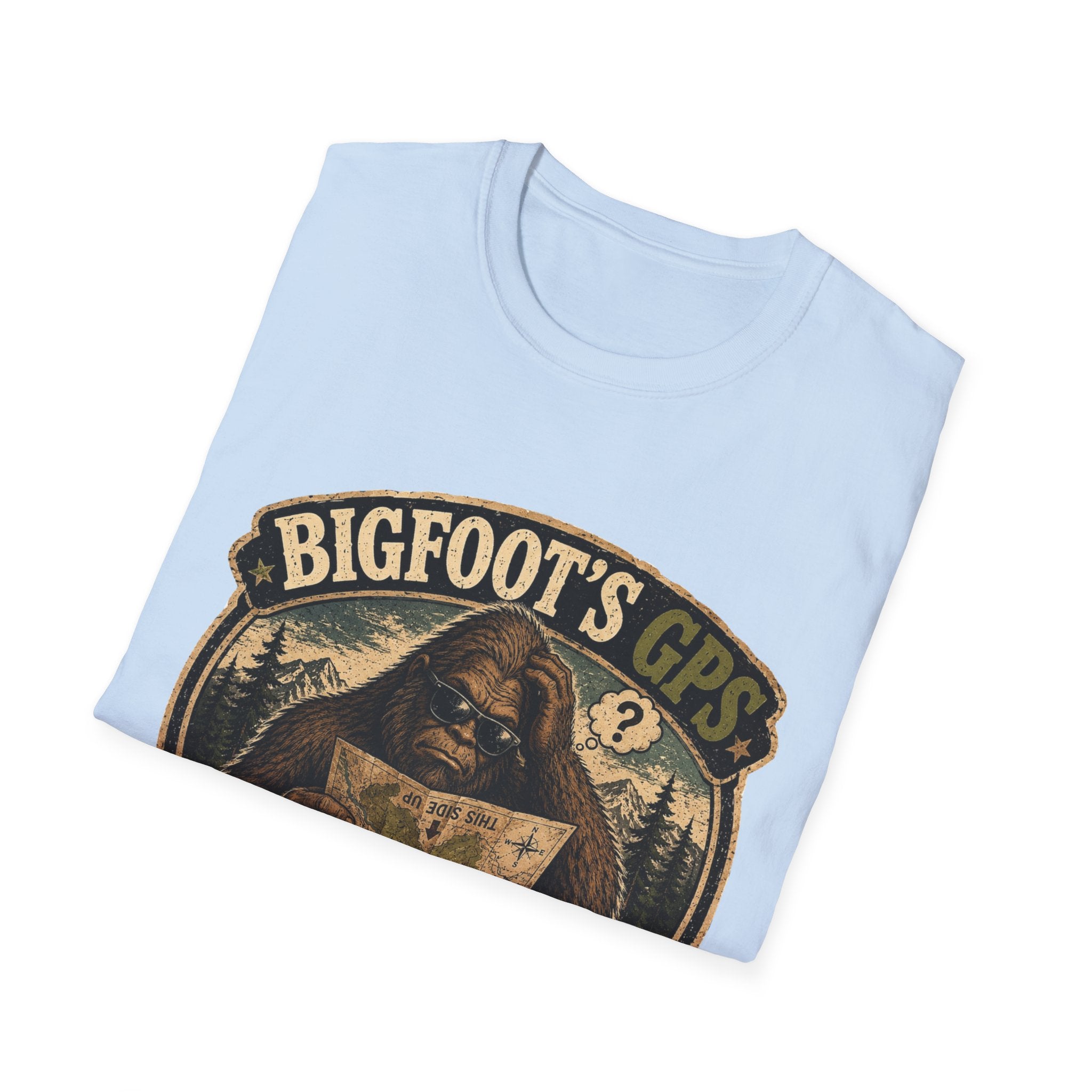 Bigfoot’s GPS T-Shirt — "Recalculating... Again" Retro Sasquatch Graphic Tee