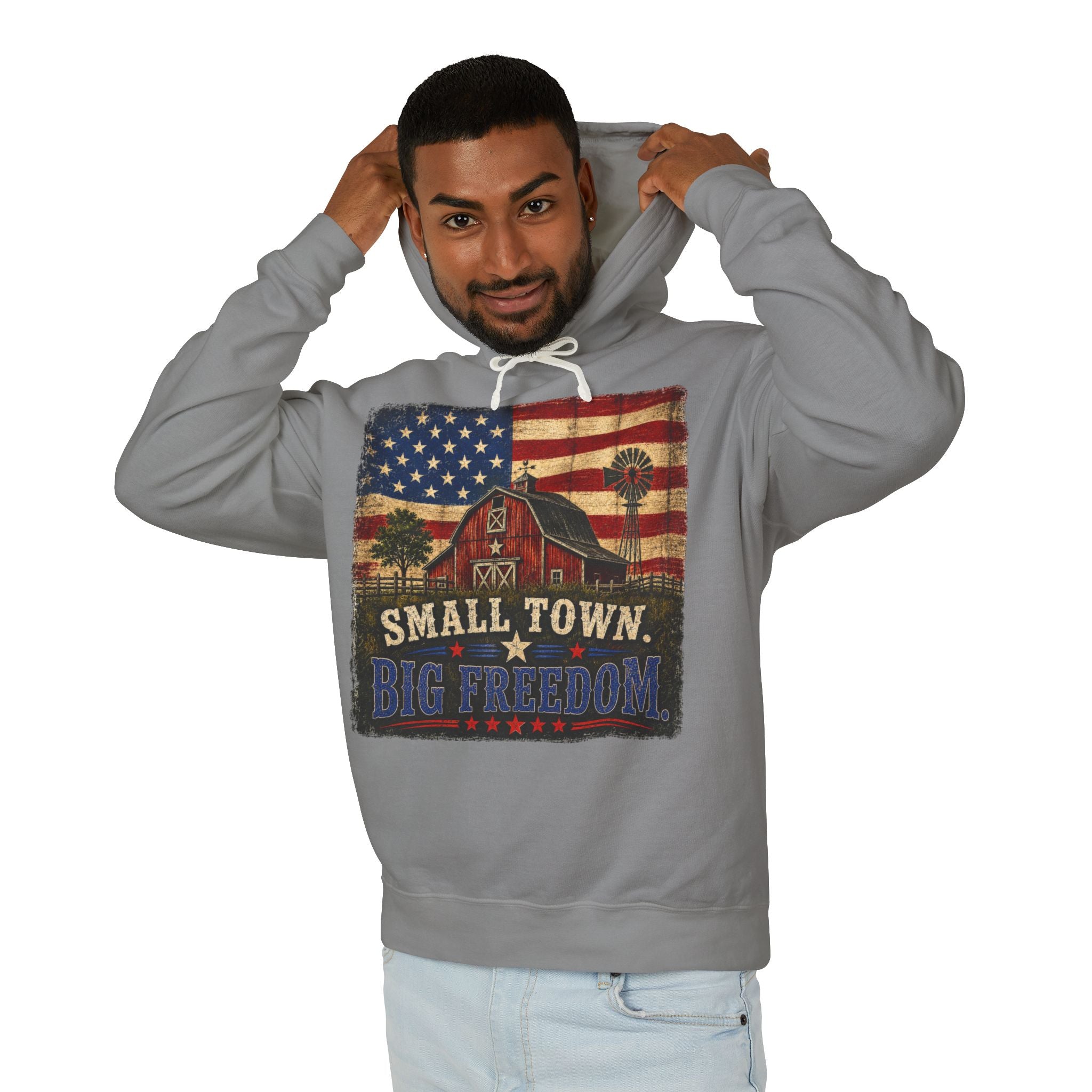 Small Town Big Freedom Hoodie — Vintage American Flag Barn Patriotic Pullover