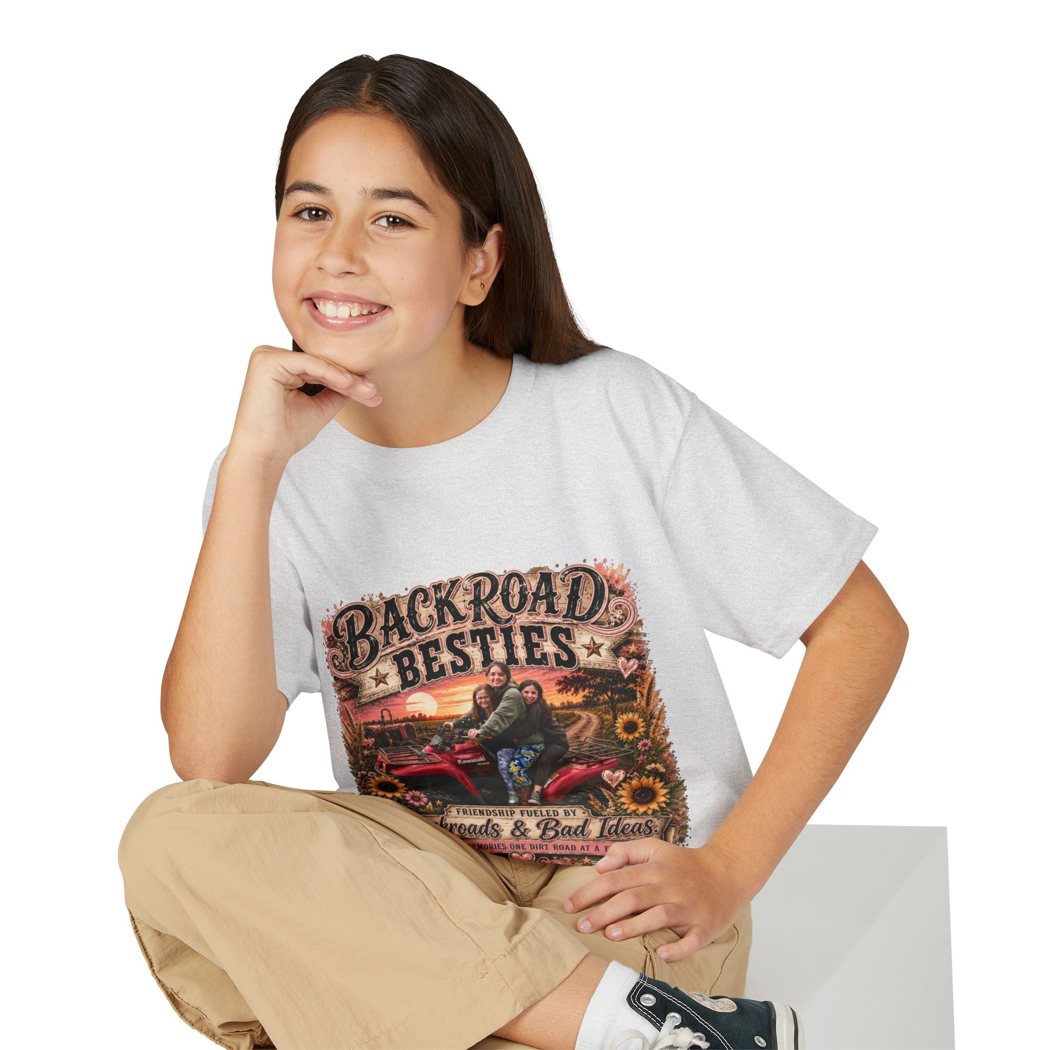 Backroad Besties Youth T‑Shirt — Vintage Tractor Sunset Kids Tee