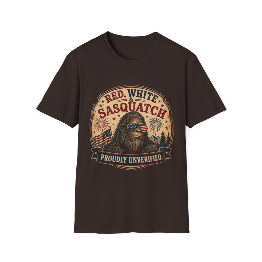 Red, White & Sasquatch T-Shirt — Proudly Unverified Patriotic Tee