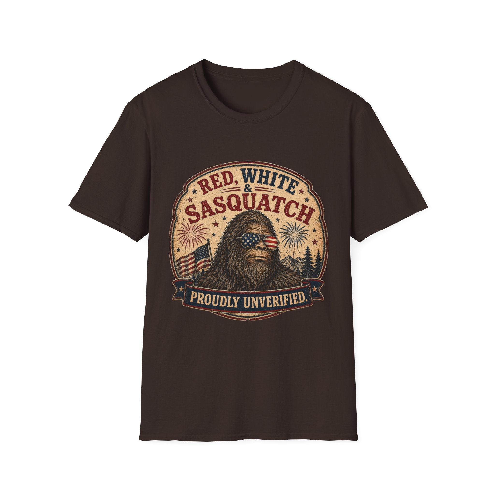 Red, White & Sasquatch T-Shirt — Proudly Unverified Patriotic Tee