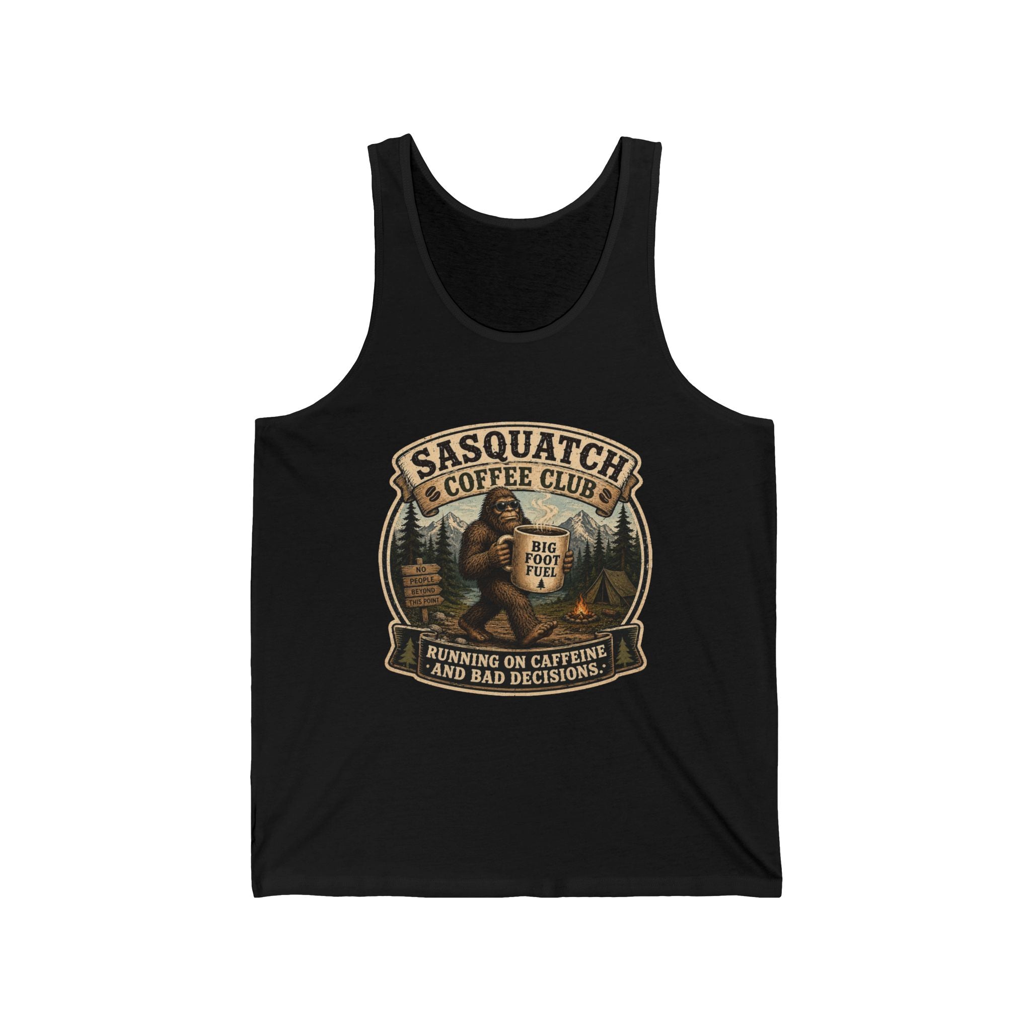 Sasquatch Coffee Club Tank Top — 'Running on Caffeine and Bad Decisions' Graphic Tank