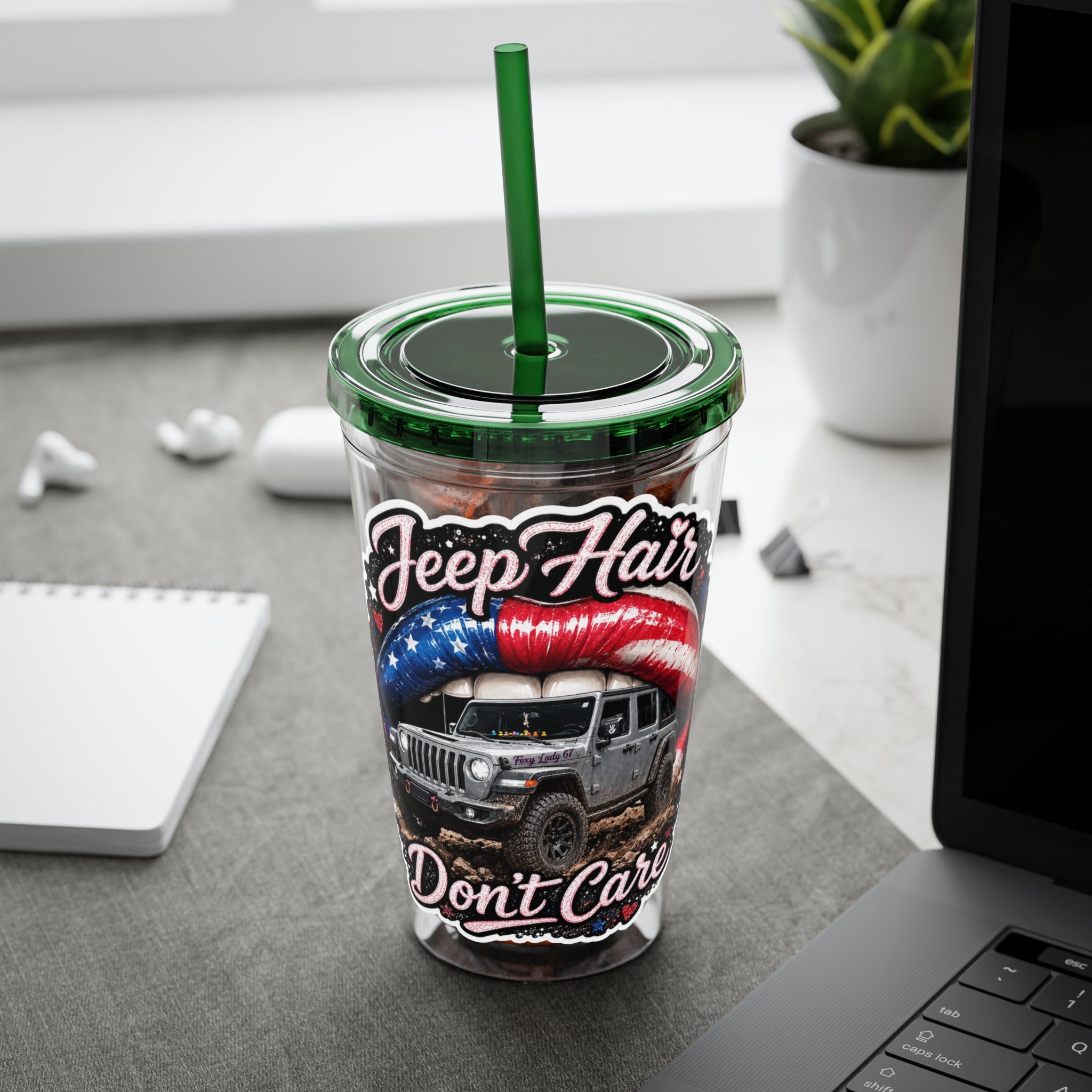 Jeep Hair Don't Care 16oz Tumbler with Straw — Patriotic Off-Road Truck Design