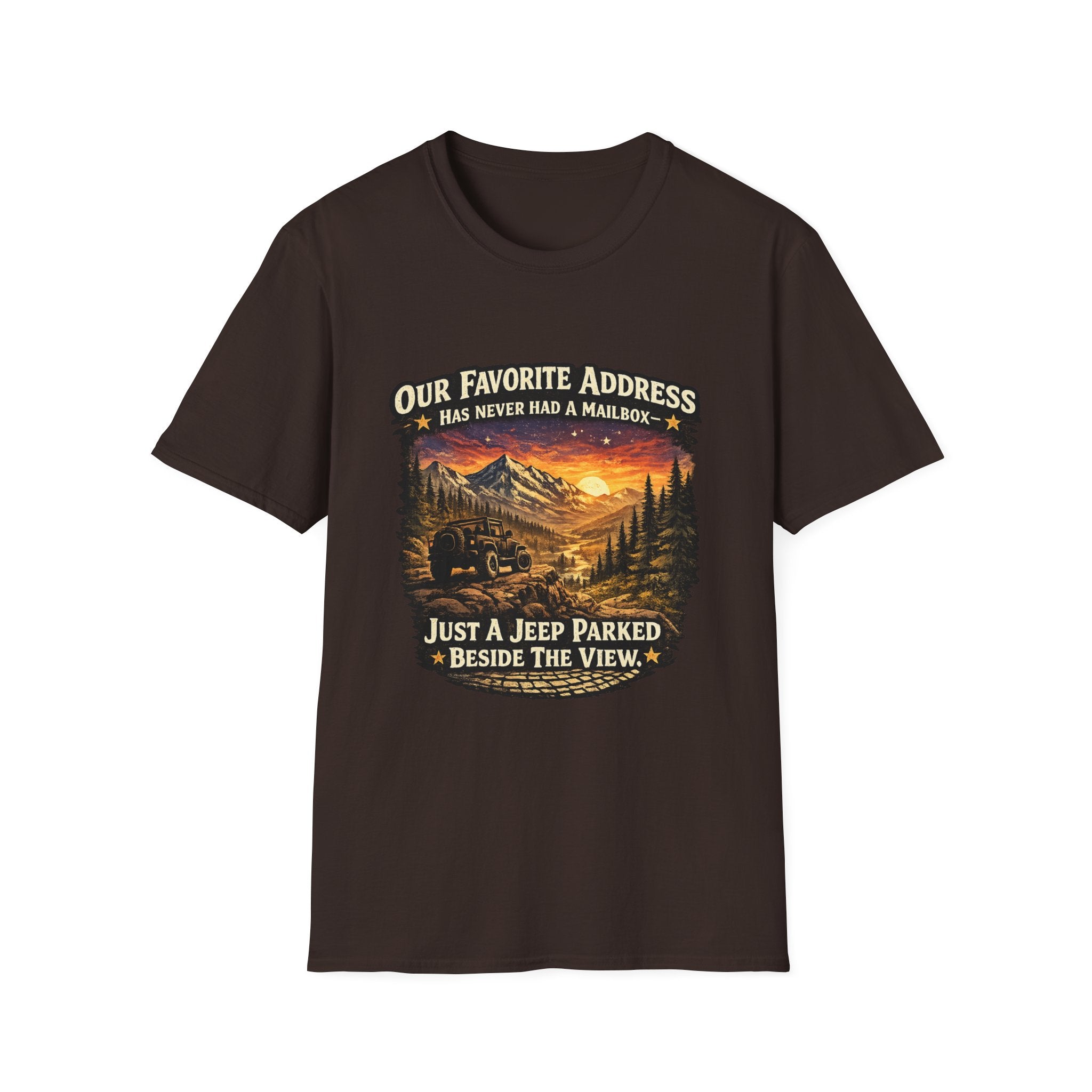 "Our Favorite Address Has Never Had a Mailbox" Scenic Mountain Camping Tee — T-Shirt