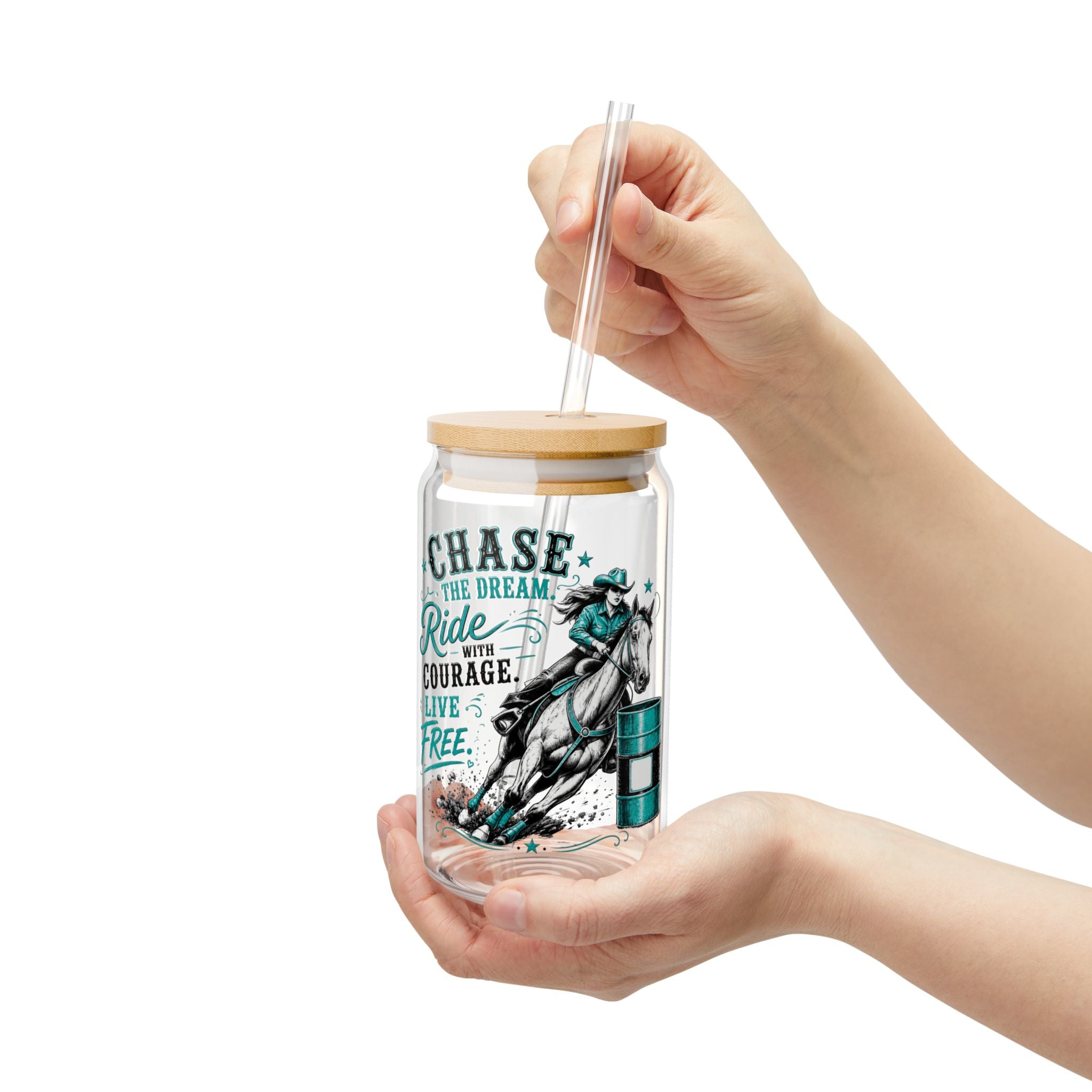 Chase the Dream Horse Teal Glass Straw Cup, 16oz