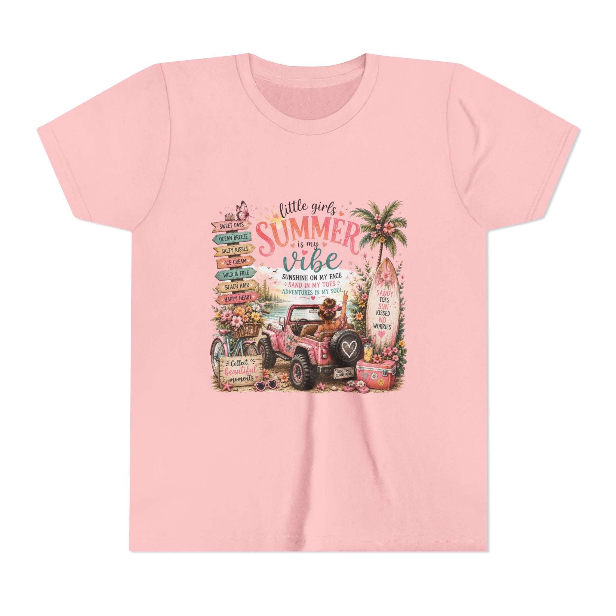 "Little Girls Summer Vibe" Tropical Jeep Surfboard Beach Graphic - Youth Tee