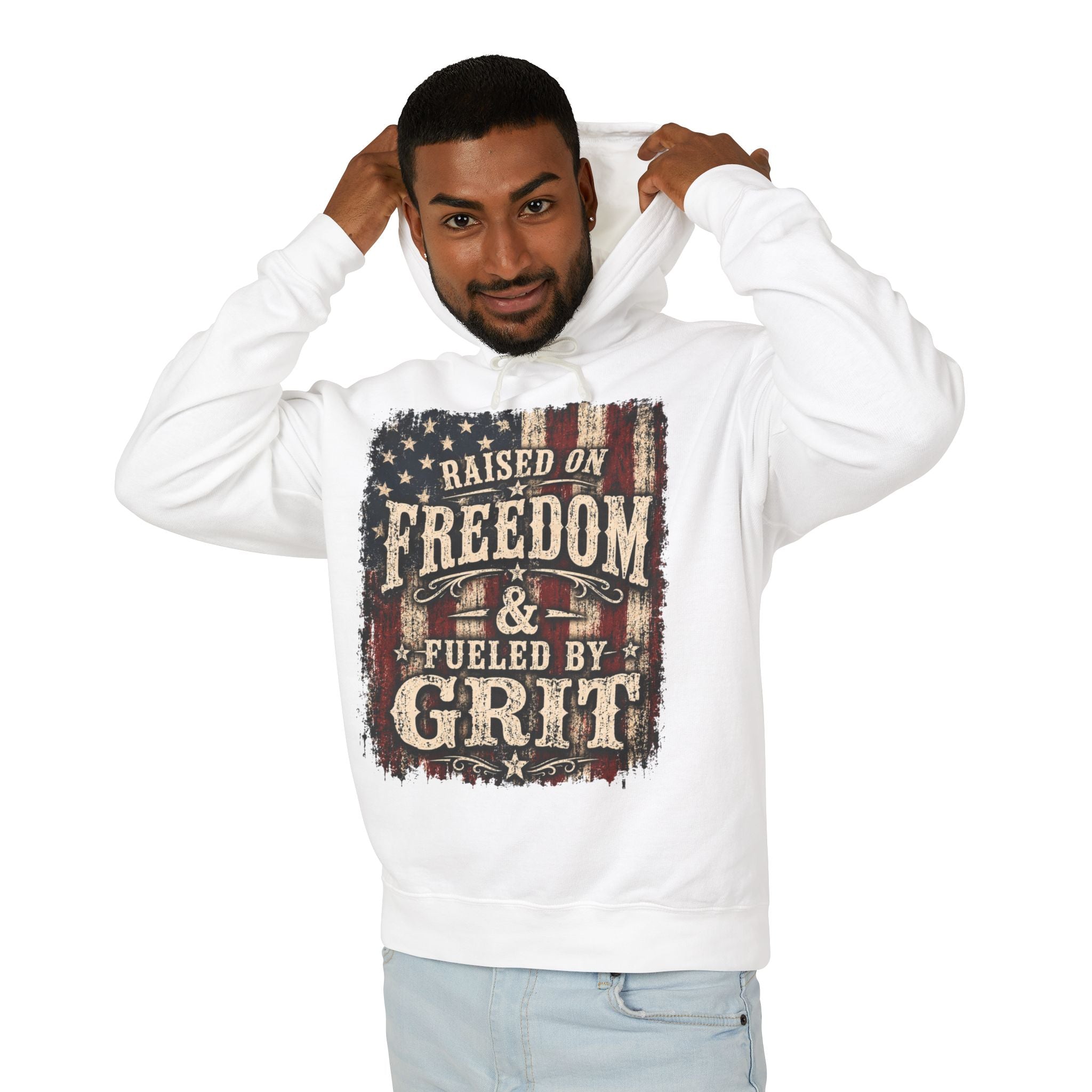 Raised On Freedom & Fueled By Grit Hoodie — Patriotic American Flag Pullover
