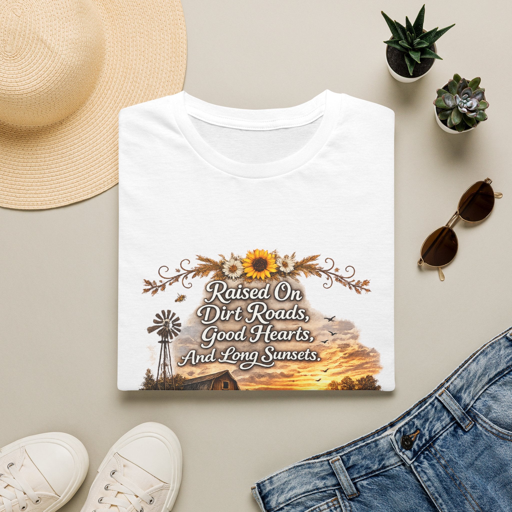 "Raised On Dirt Roads, Good Hearts, And Long Sunsets" Rustic Country Tee — T-Shirt