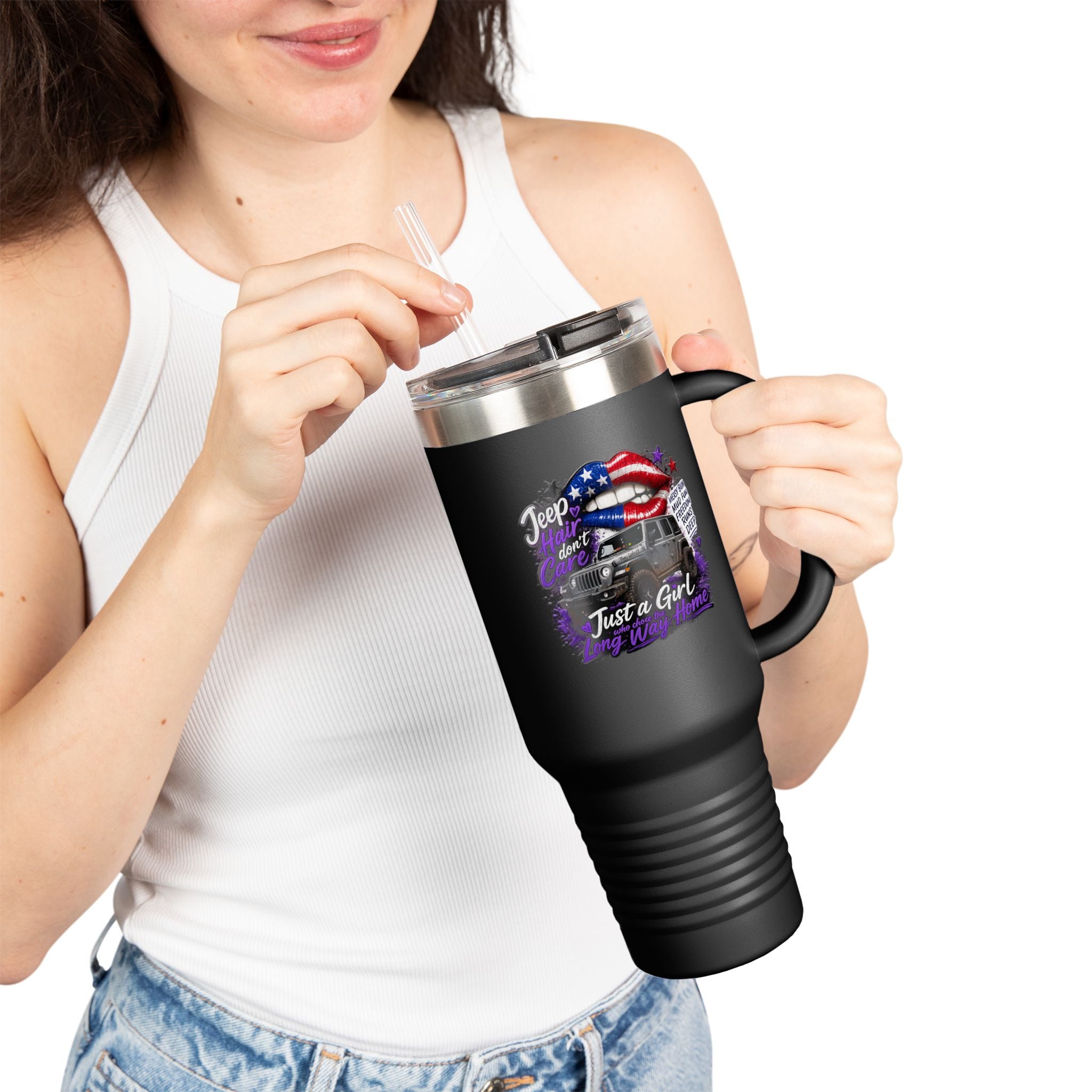 "Jeep Hair Don't Care" Patriotic Truck Design — 40oz Insulated Travel Mug