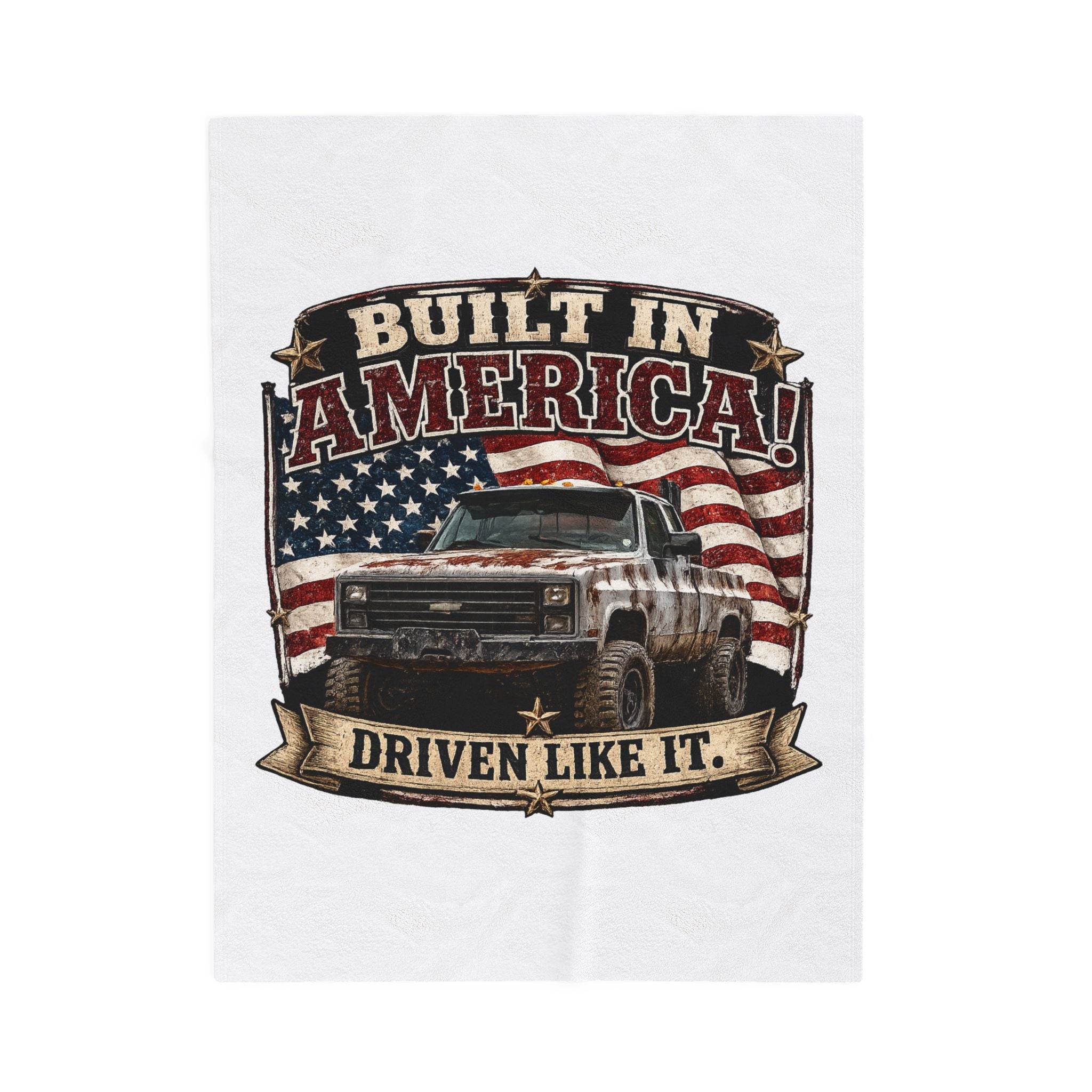"Built in America! Driven Like It." Vintage Truck & American Flag Throw — Velveteen Plush Blanket