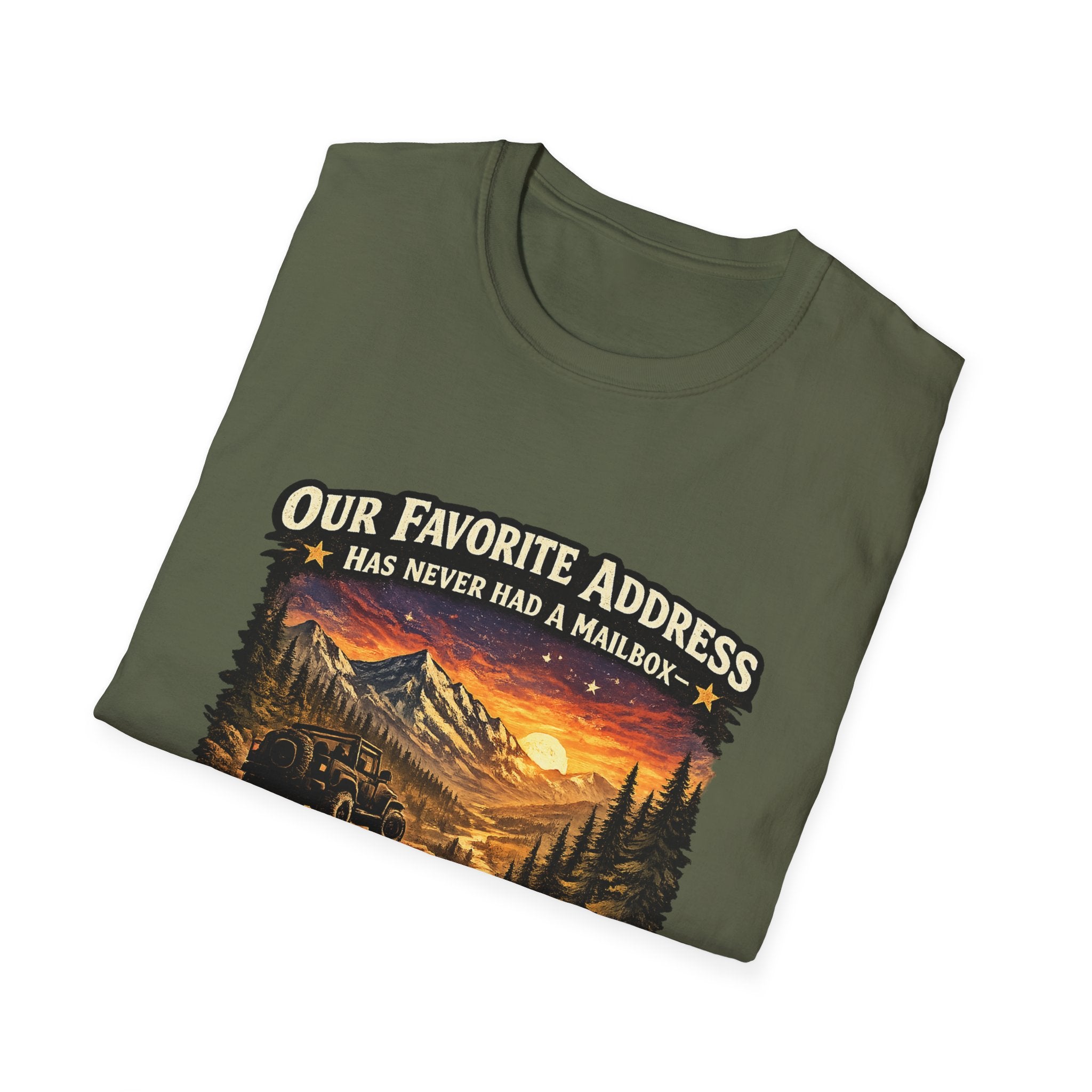 "Our Favorite Address Has Never Had a Mailbox" Scenic Mountain Camping Tee — T-Shirt