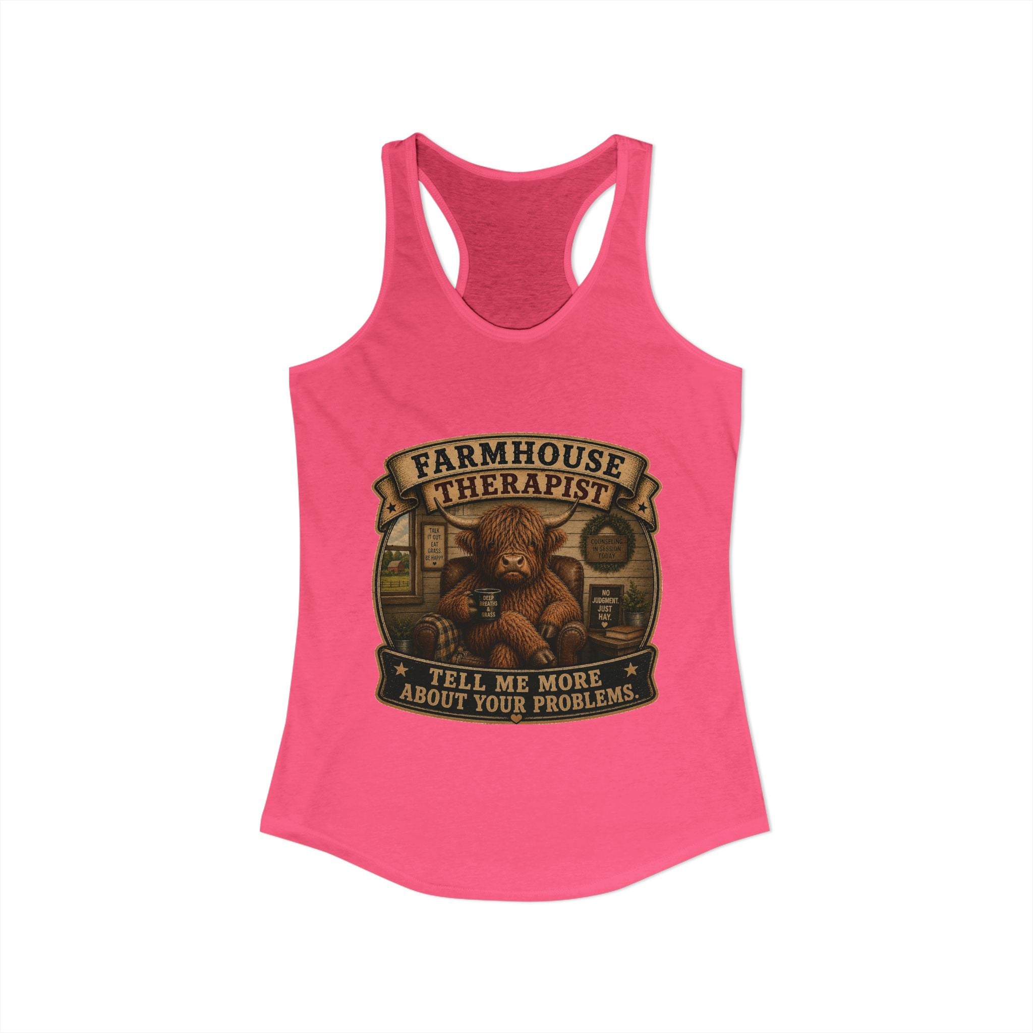 Farmhouse Therapist Highland Cow Women's Ideal Racerback Tank