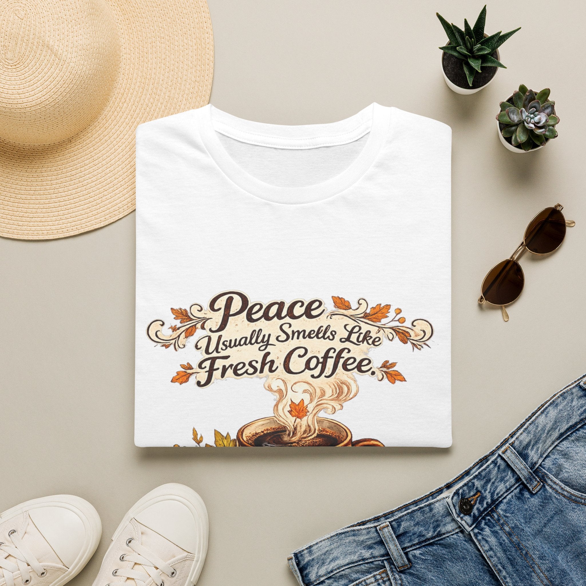 "Peace Usually Smells Like Fresh Coffee" Cozy Graphic Tee — Coffee T-Shirt