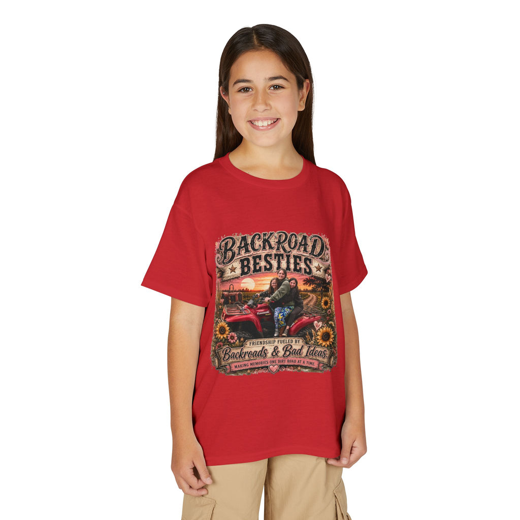 Backroad Besties Youth T‑Shirt — Vintage Tractor Sunset Kids Tee