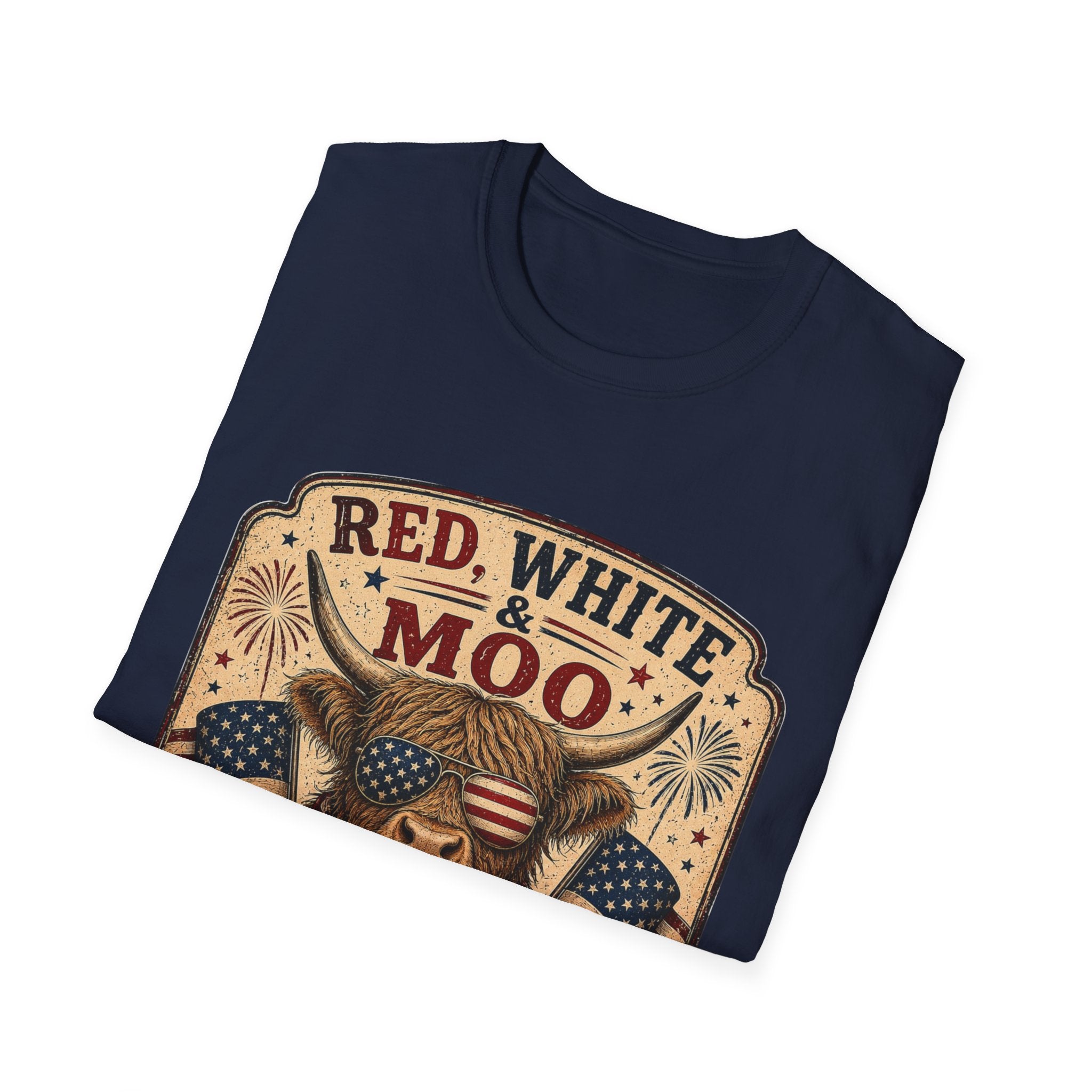 Red, White, & Moo Highland Cow Unisex Softstyle T-Shirt