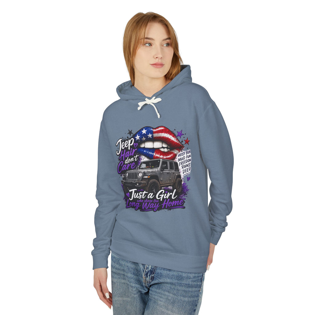Jeep Just a Girl Hoodie – American Flag Lips Off-Road Sweatshirt