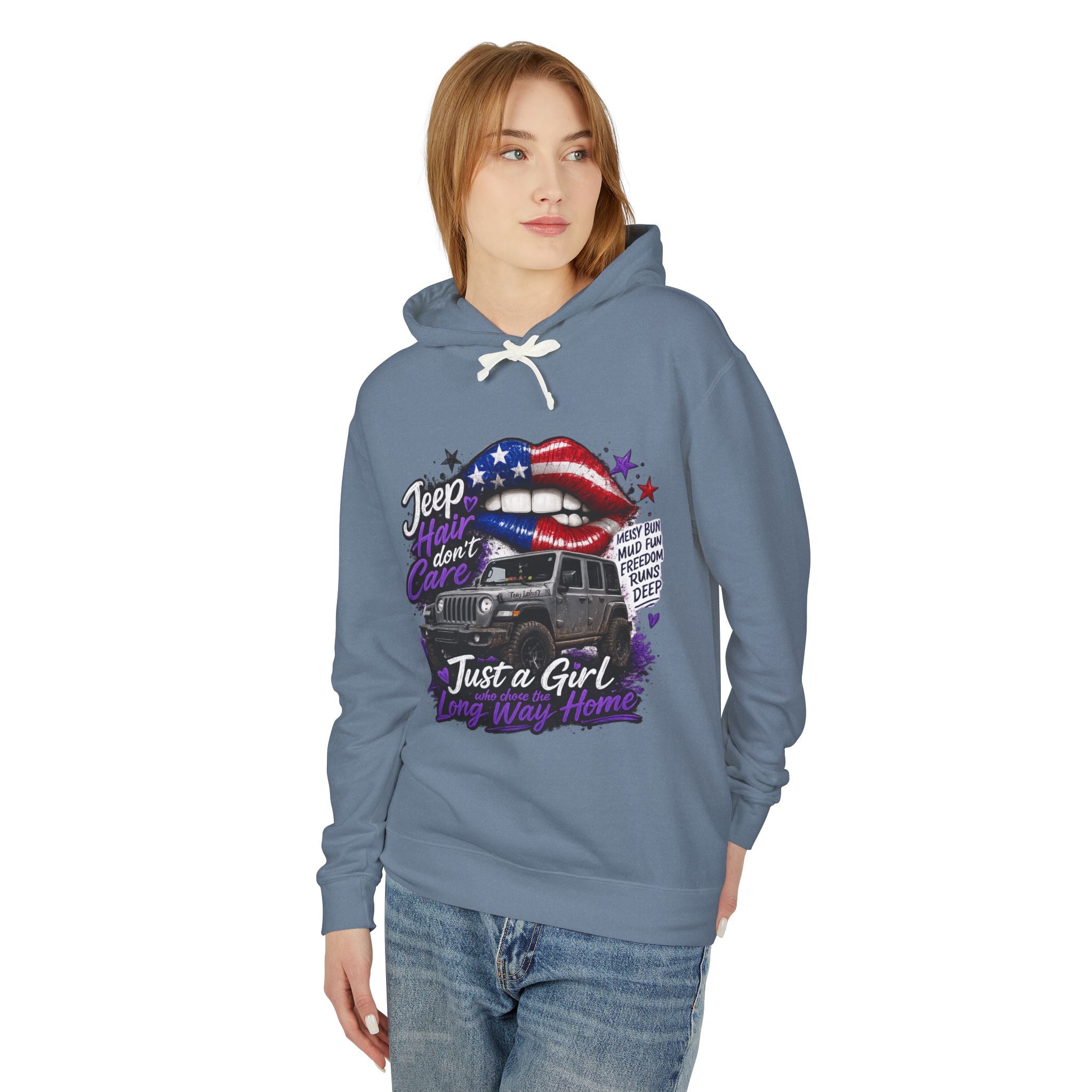 Jeep Just a Girl Hoodie – American Flag Lips Off-Road Sweatshirt