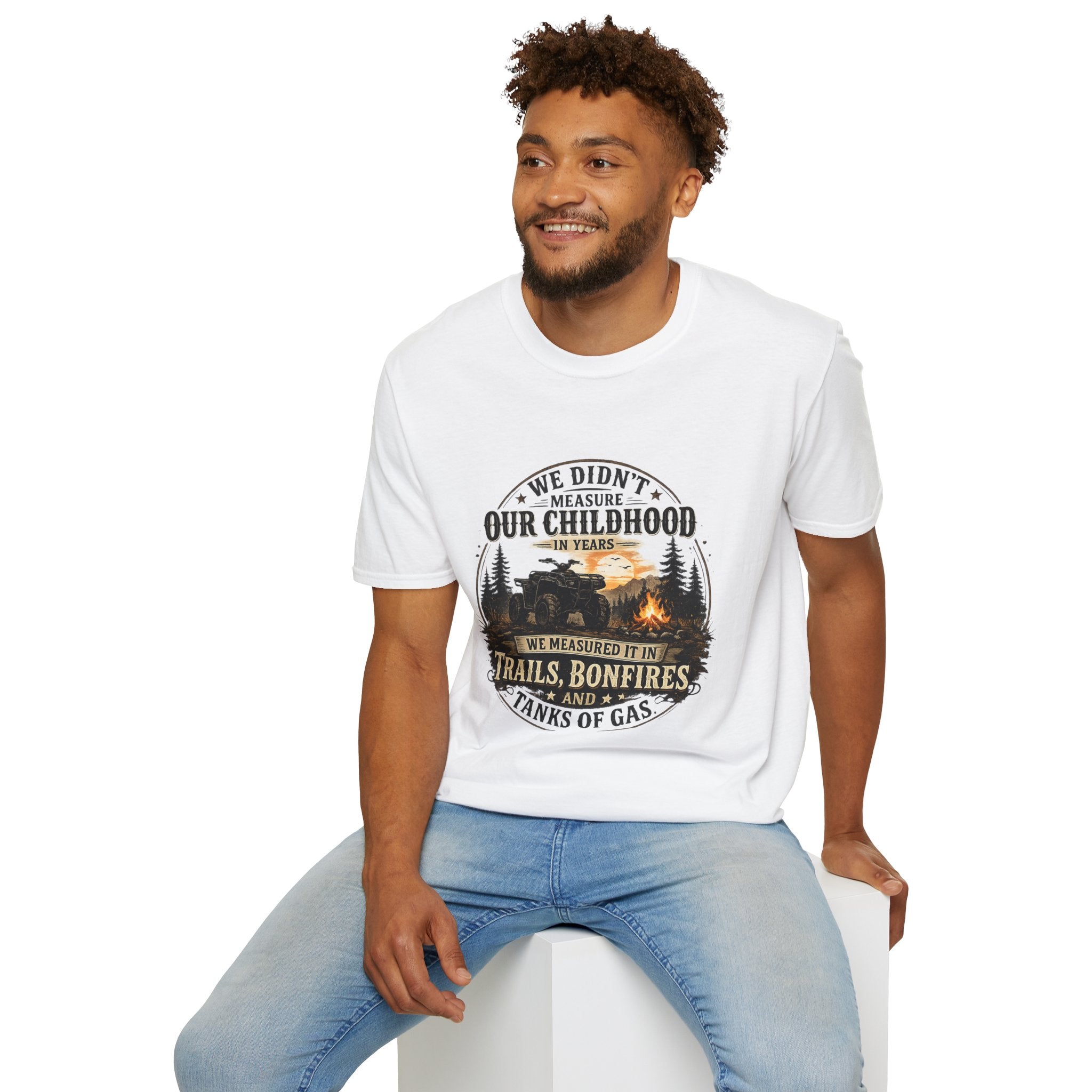 “We Didn’t Measure Our Childhood in Years” ATV Trails & Bonfires Retro Tee — T‑Shirt