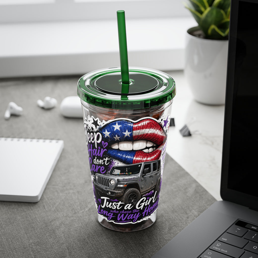Jeep Girl 16oz Tumbler with Straw — American Flag Lips ‘Jeep Hair Don’t Care’ Design