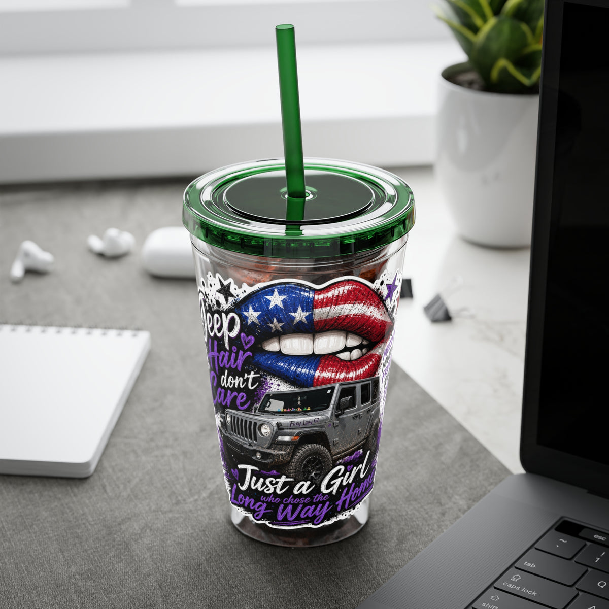 Jeep Girl 16oz Tumbler with Straw — American Flag Lips ‘Jeep Hair Don’t Care’ Design