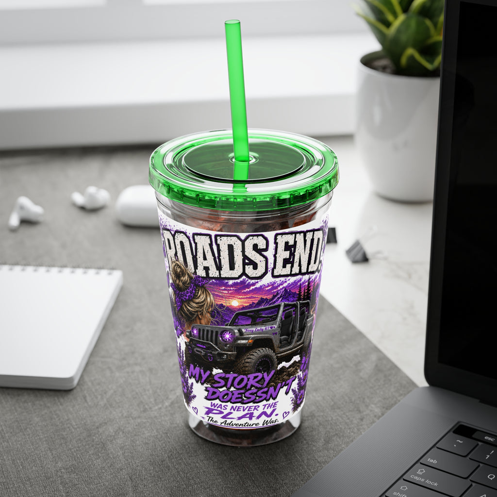 Roads End 16oz Tumbler with Straw — Purple Adventure Truck Design