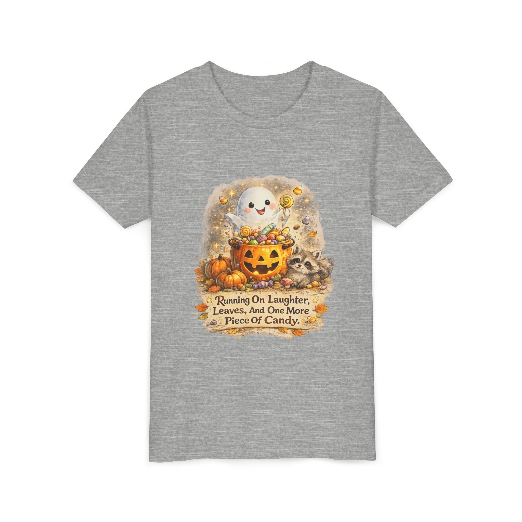 Cute Ghost, Pumpkin Candy & 'Running On Laughter, Leaves, And One More Piece Of Candy' — Youth Halloween Tee