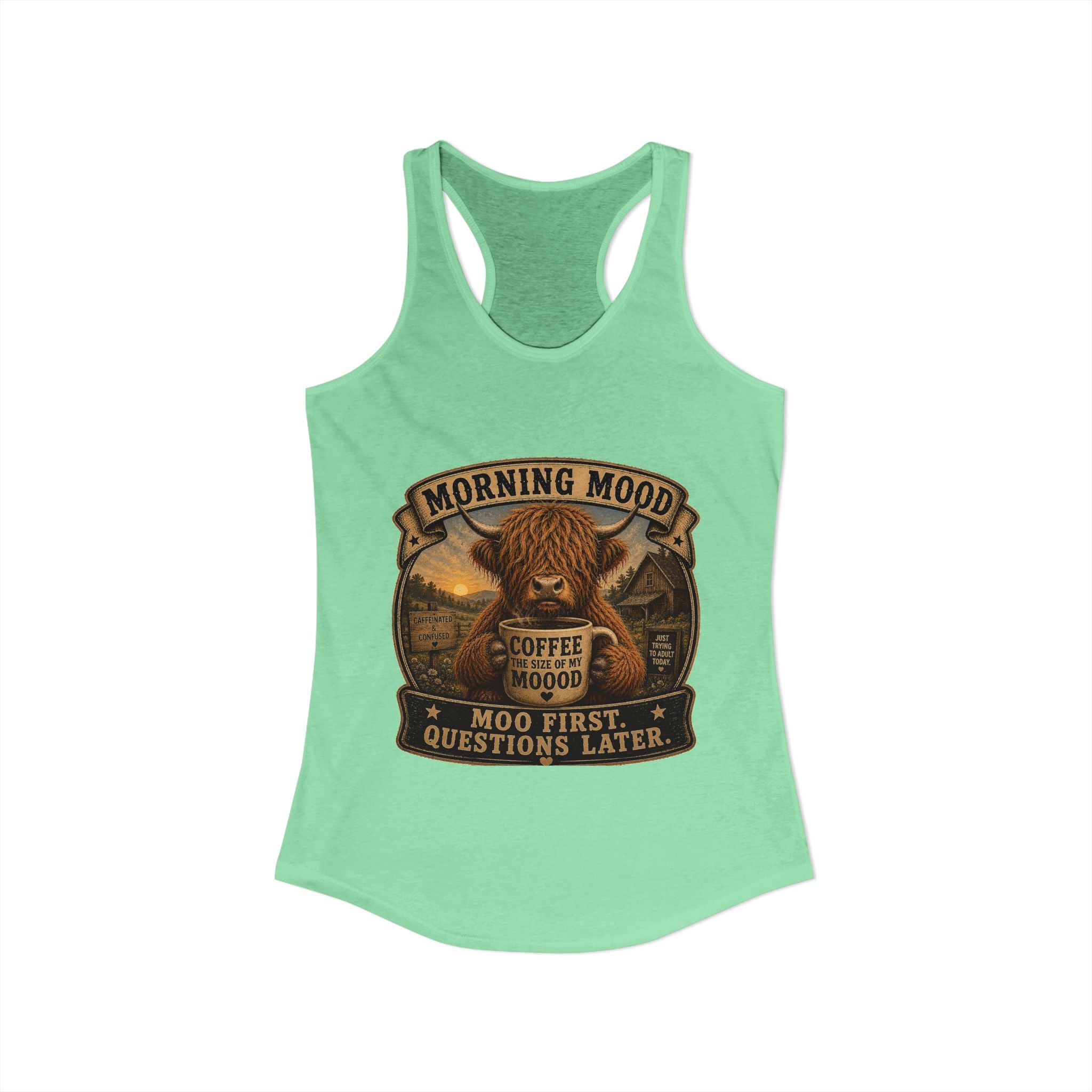 Morning Mood Highland Cow Women's Ideal Racerback Tank
