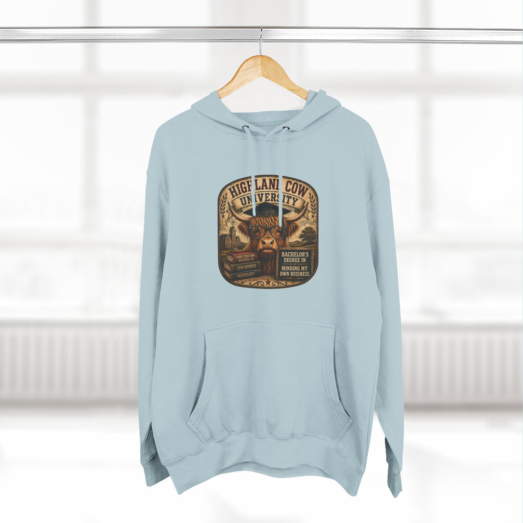 Highland Cow University Three-Panel Fleece Hoodie