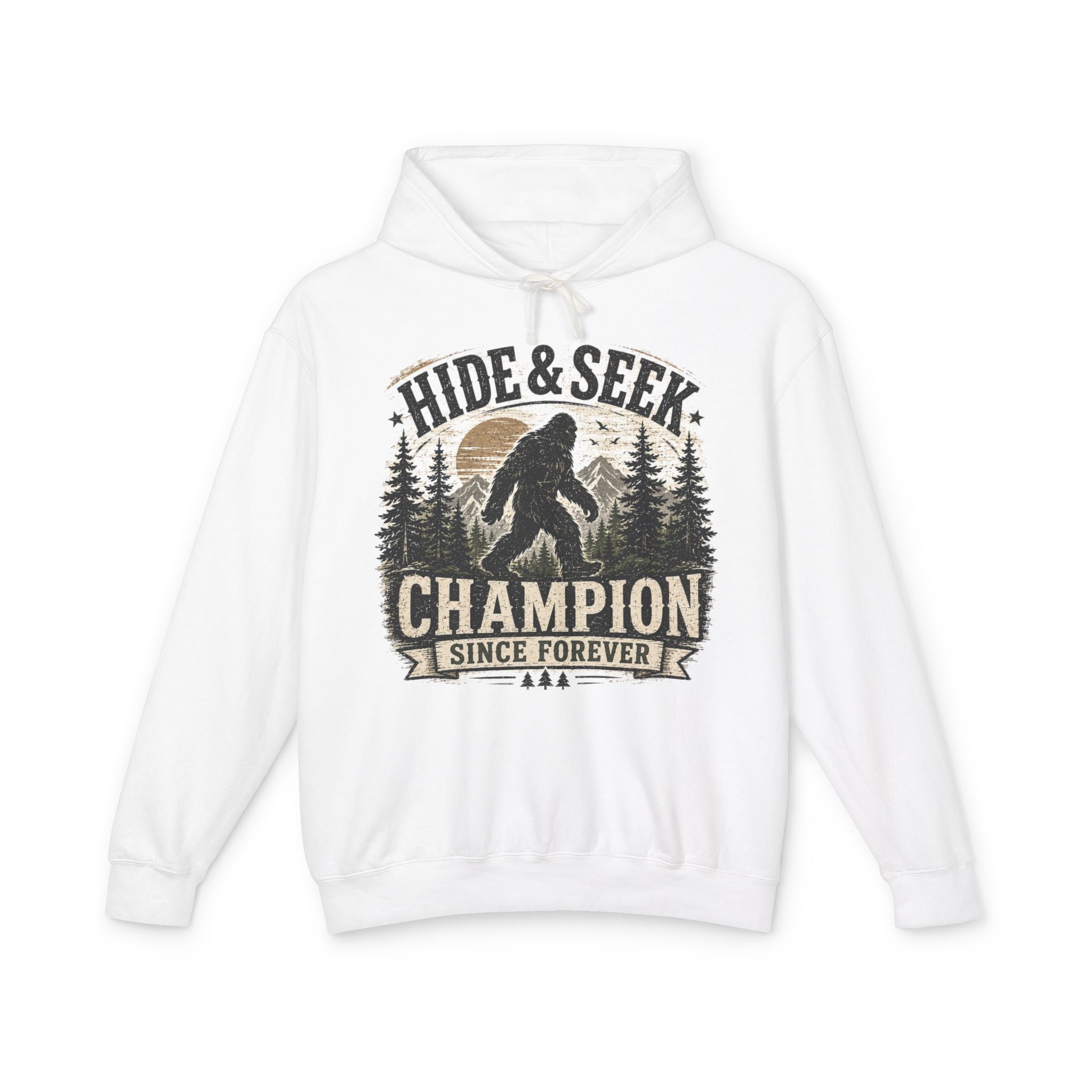 Hide & Seek Champion Hoodie — Bigfoot Sasquatch Graphic Hooded Sweatshirt