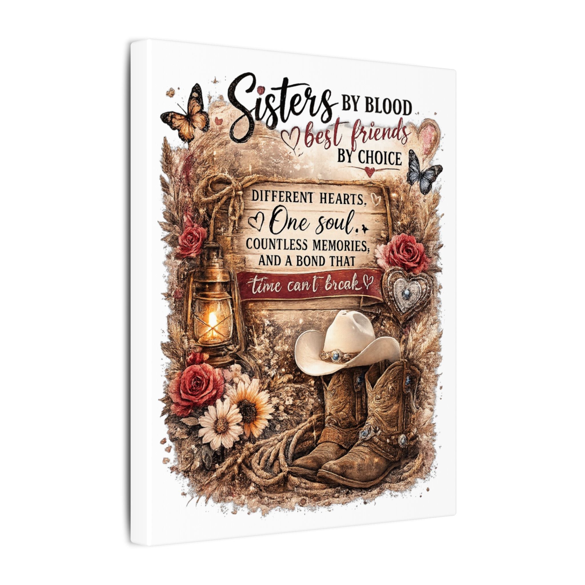 Sisters by Blood Country Canvas Wall Art – Rustic Cowgirl Boots & Hat Quote