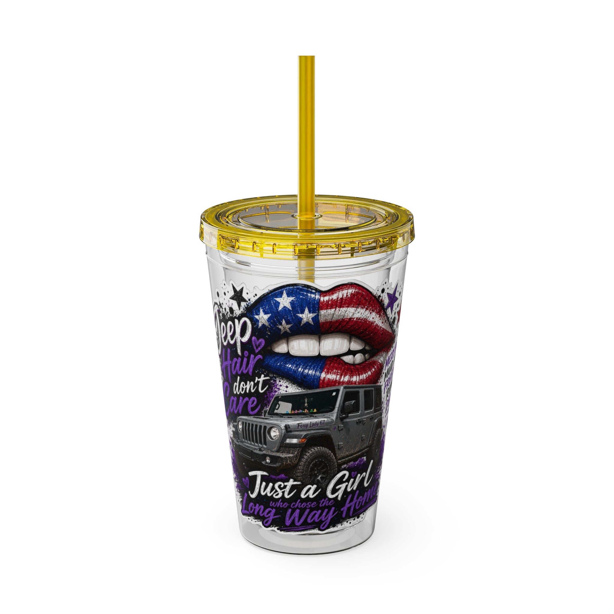 "Jeep Hair Don't Care" Patriotic Lips Design — 16oz Sunsplash Tumbler with Straw