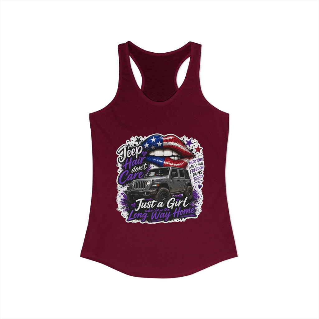 Jeep Hair Don't Care - Just a Girl A Long Way Home Women's Ideal Racerback Tank